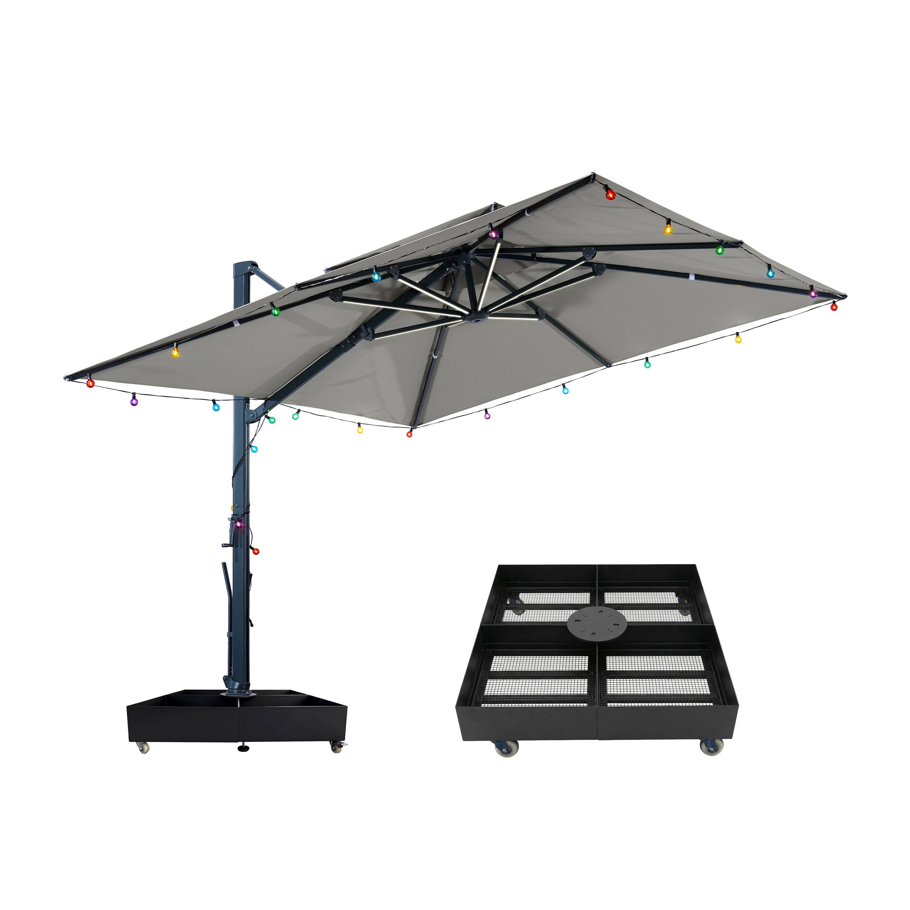 Back. Mondawe - 10x10ft Cantilever Patio Lighted Umbrella with DIY Drape Hook and Base - Gray.