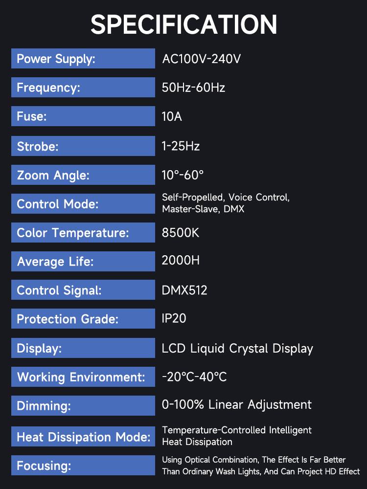 SPECIFICATION

- Power Supply: AC100V-240V
- Frequency: 50Hz-60Hz
- Fuse: 10A
- Strobe: 1-25Hz
- Zoom Angle: 10°-60°
- Control Mode: Self-Propelled, Voice Control, Master-Slave, DMX
- Color Temperature: 8500K
- Average Life: 2000H
- Control Signal: DMX512
- Protection Grade: IP20
- Display: LCD Liquid Crystal Display
- Working Environment: -20°C-40°C
- Dimming: 0-100% Linear Adjustment
- Heat Dissipation Mode: Temperature-Controlled Intelligent Heat Dissipation
- Focusing: Using Optical Combination, The Effect Is Far Better Than Ordinary Wash Lights, And Can Project HD Effect