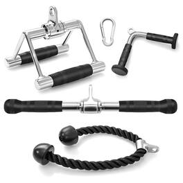 Costway - 4 PCS Cable Machine Attachment Set V-Shaped Press Down Bar Double D Handle - Black/Silver