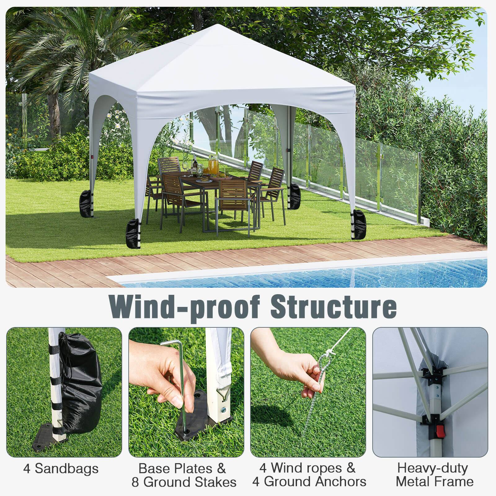 Wind-proof Structure
4 Sandbags
Base Plates & 8 Ground Stakes
4 Wind ropes & 4 Ground Anchors
Heavy-duty Metal Frame
