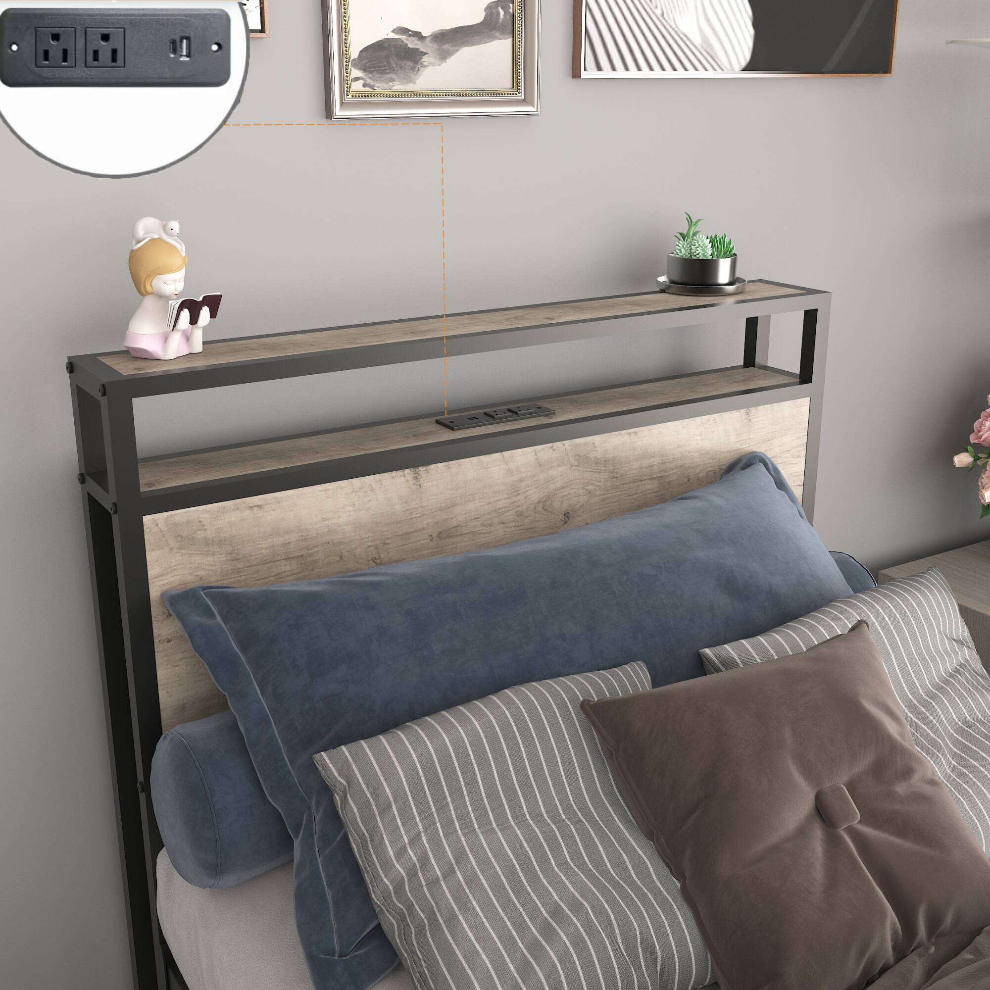 Alt View 2. GOODSILO - Modern Twin Bed Frame with Storage Headboard, Charging Station, and LED Lighting Features - Gray Wash.