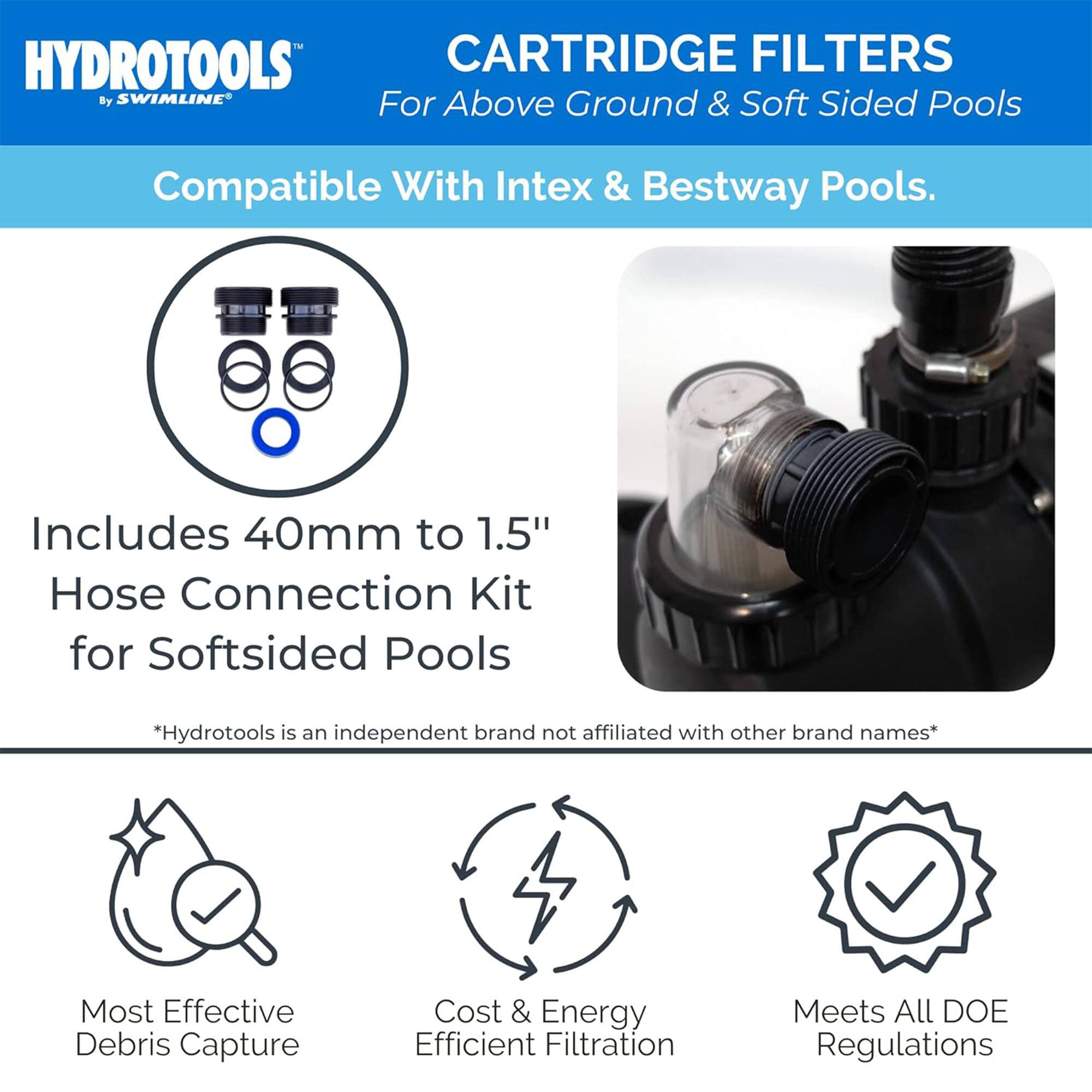 HYDROTOOLS by SWIMLINE

CARTRIDGE FILTERS  
For Above Ground & Soft Sided Pools  
Compatible With Intex & Bestway Pools.

Includes 40mm to 1.5" Hose Connection Kit for Softsided Pools

*Hydrotols is an independent brand not affiliated with other brand names*

Most Effective Debris Capture  
Cost & Energy Efficient Filtration  
Meets All DOE Regulations