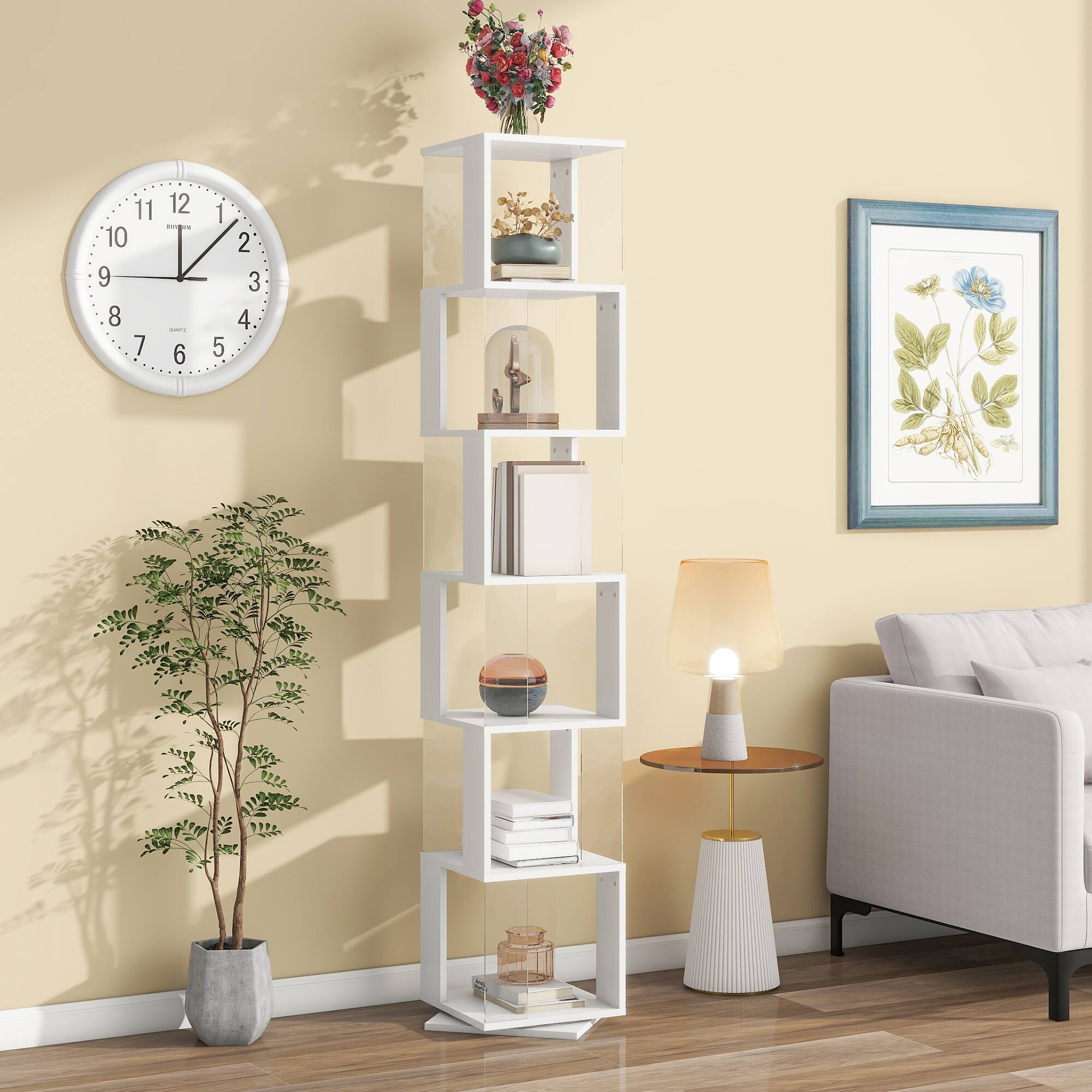 Left. Tiramisubest - 6 Tier Rotating Bookshelf,Floor Rack Simple Bookcase,Multi-Function Creative Bookshelf with anti-toppling base,White - White.