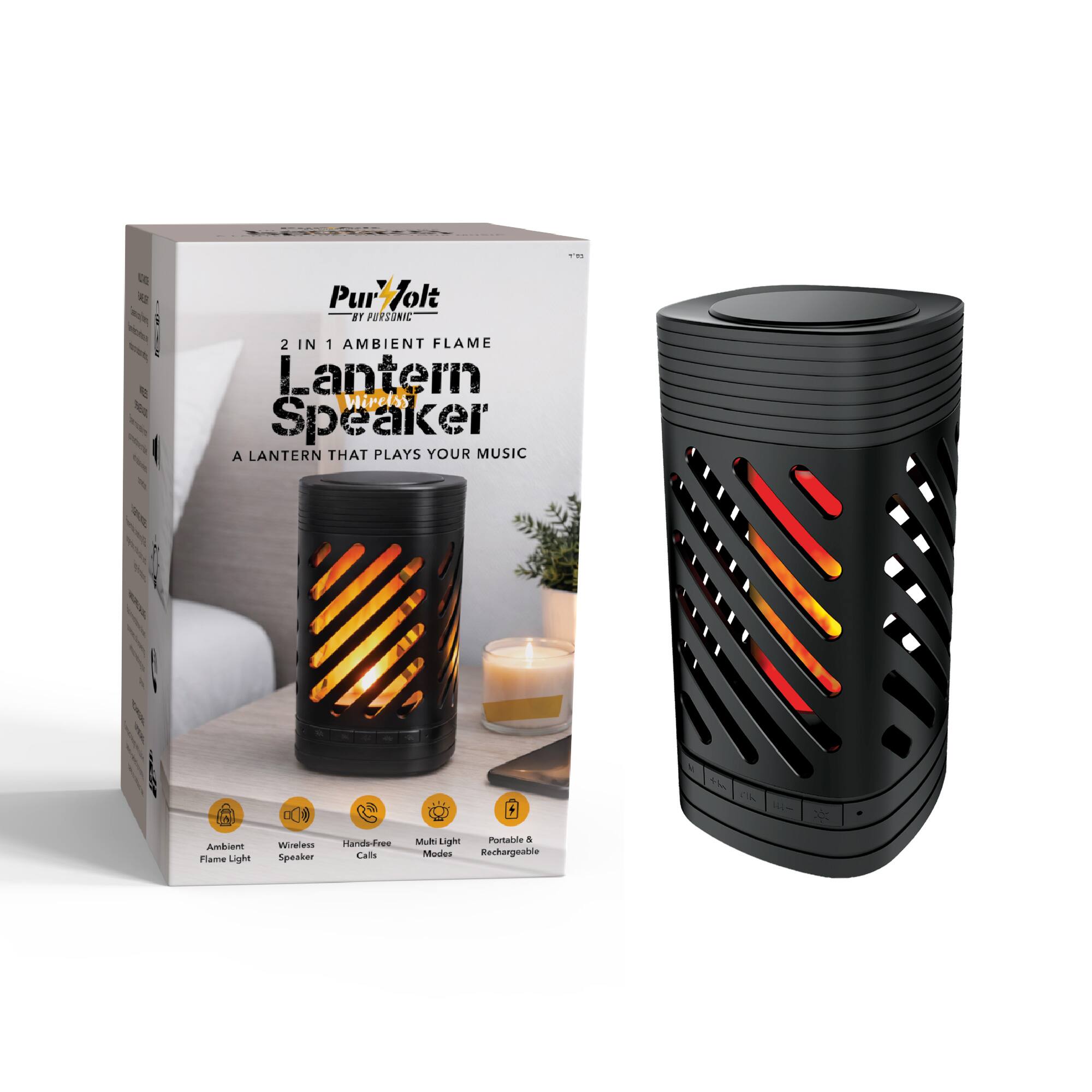 0E E -s M 1 N Purfol 18 PURSONIC 2 IN 1 AMBIENT FLAME Lantern Speaker A LANTERN THAT PLAYS YOUR MUSIC th Ambient Flame Light Wireless Speaker Hands-free Calls Multi Light & Modes Rechargeable