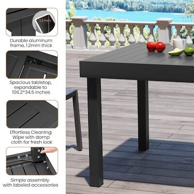 12 mm Durable aluminum frame, 1.2mm thick  
Spacious tabletop, expandable to 106.2*34.5 inches  
Effortless Cleaning: Wipe with damp cloth for fresh look  
Simple assembly with labeled accessories