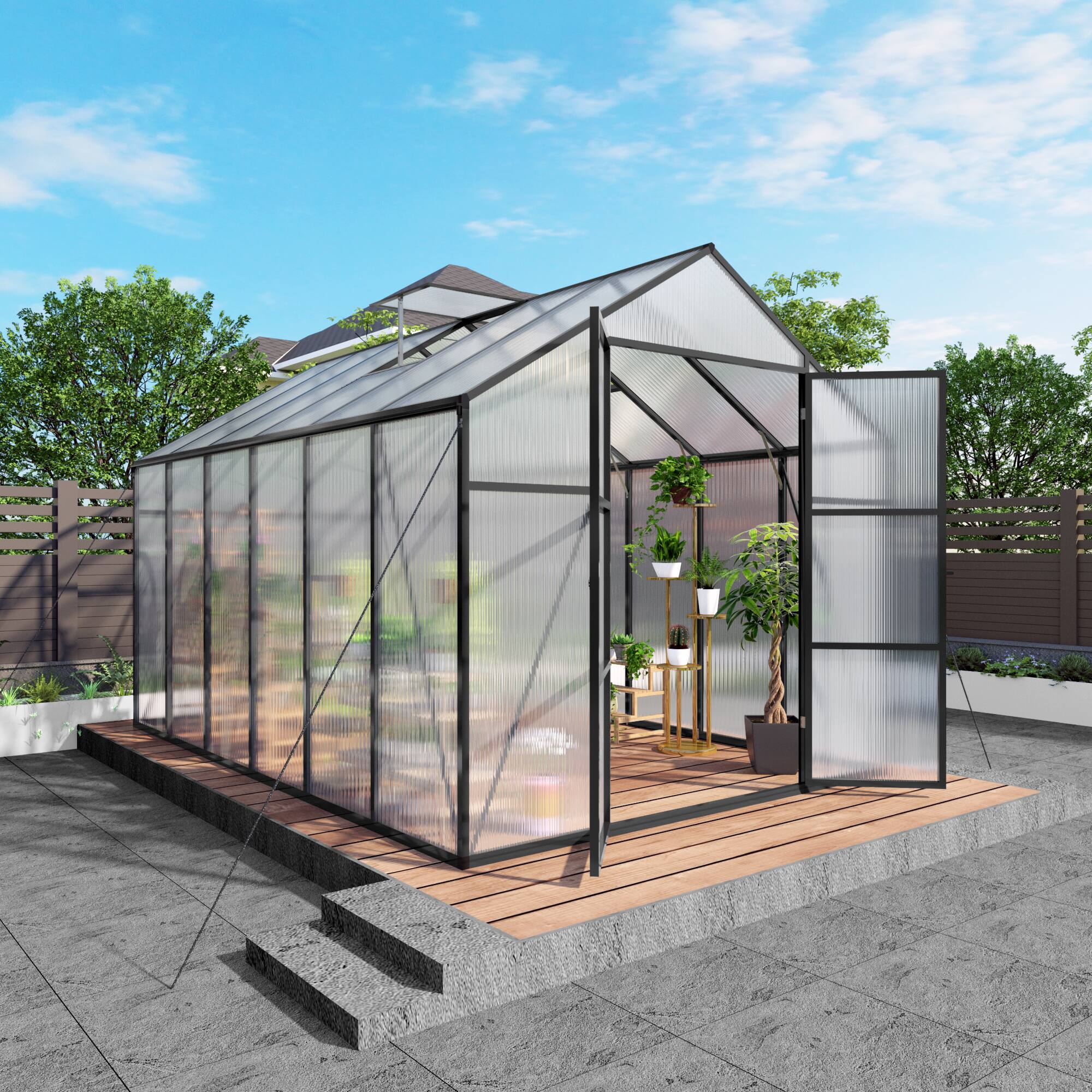 Angle. Mondawe - 8x12 FT Polycarbonate Greenhouse With Aluminum Frame and Adjustable Roof Vents - Black.