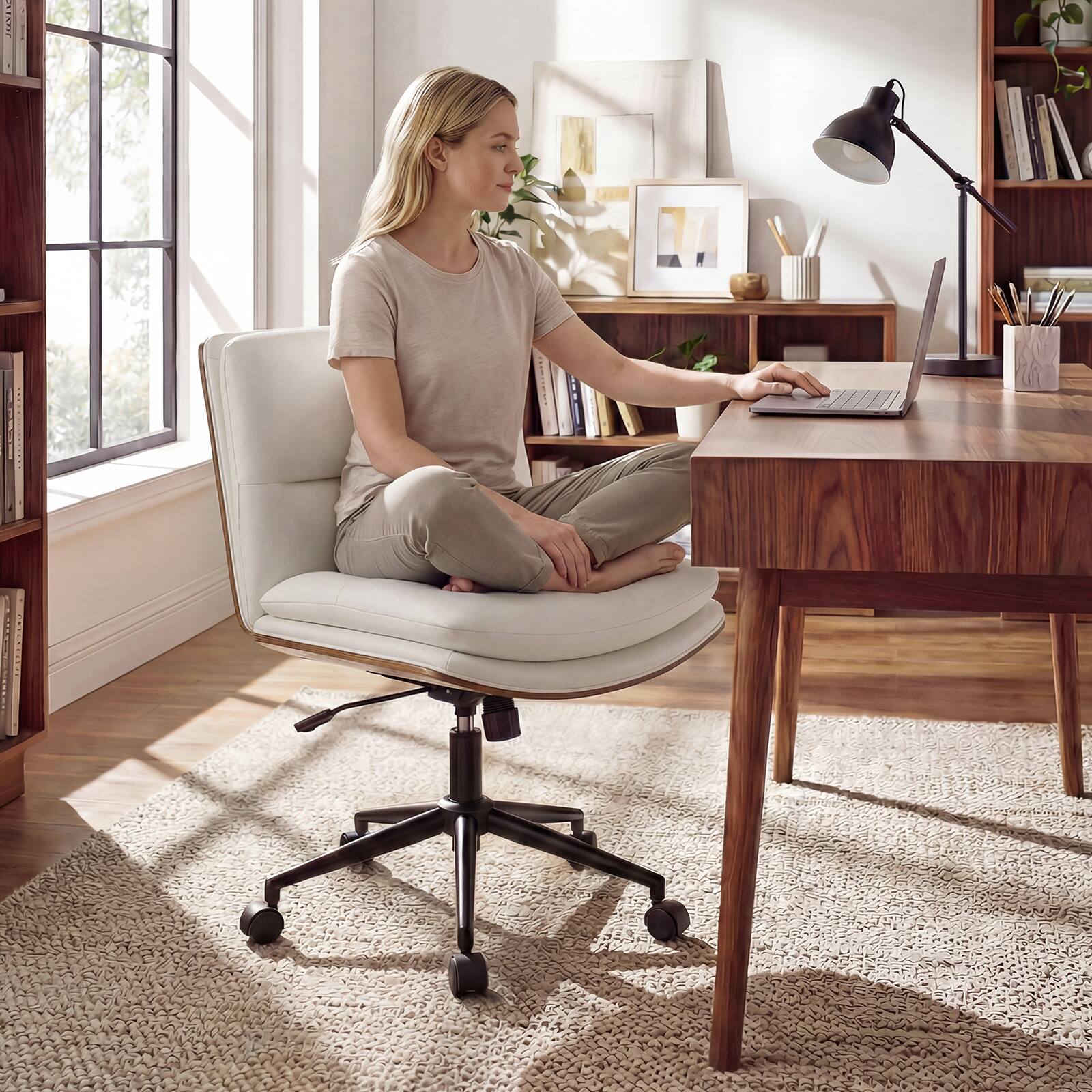 Alt View 3. Gymax - Gymax Armless Office Chair w/Wheels Curved Backrest Padded Seat Smooth Faux Leather White - White.