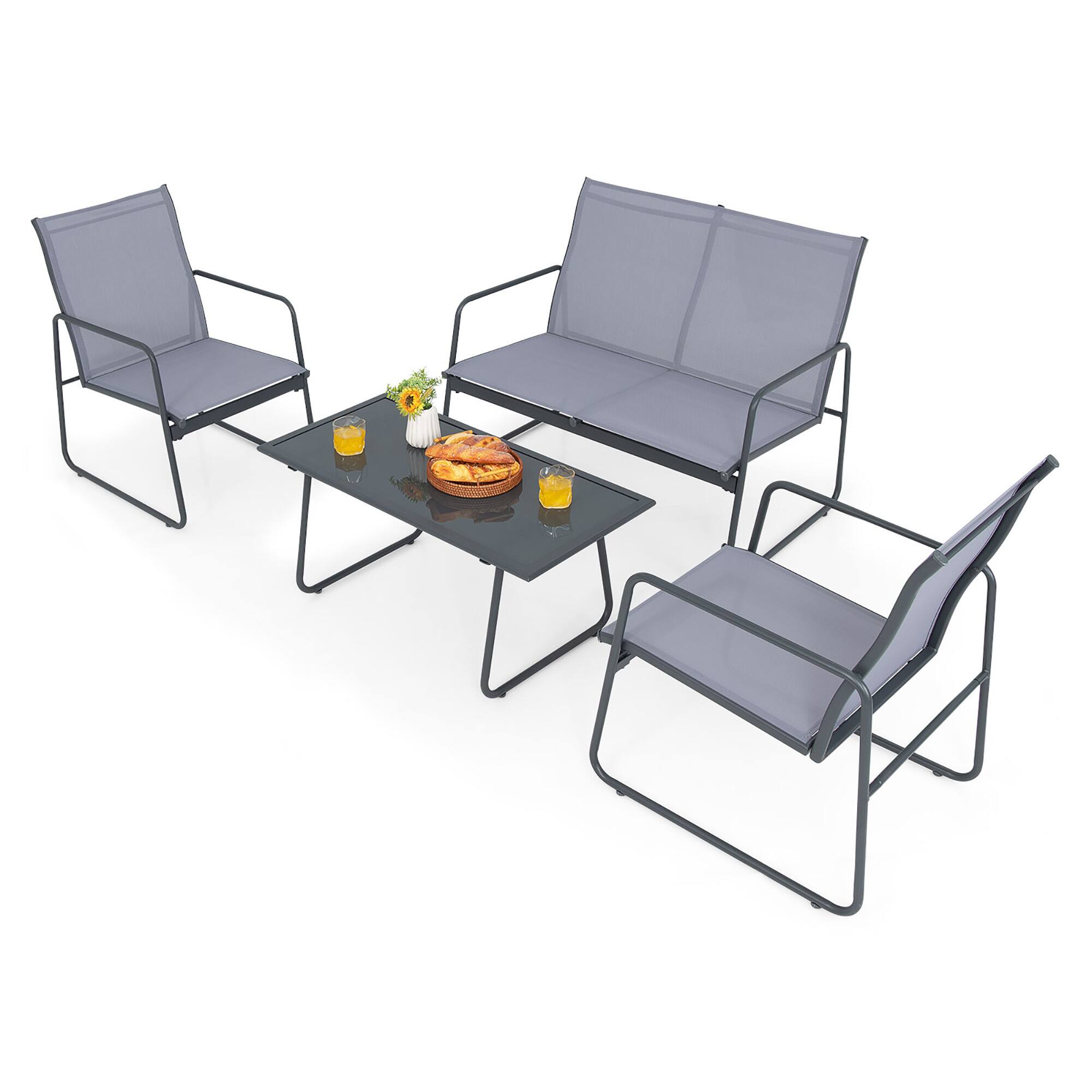 Alt View 1. Gymax - Gymax 4PCS Metal Outdoor Conversation Set Patio Furniture Set w/ Glass Table - Grey and Black.