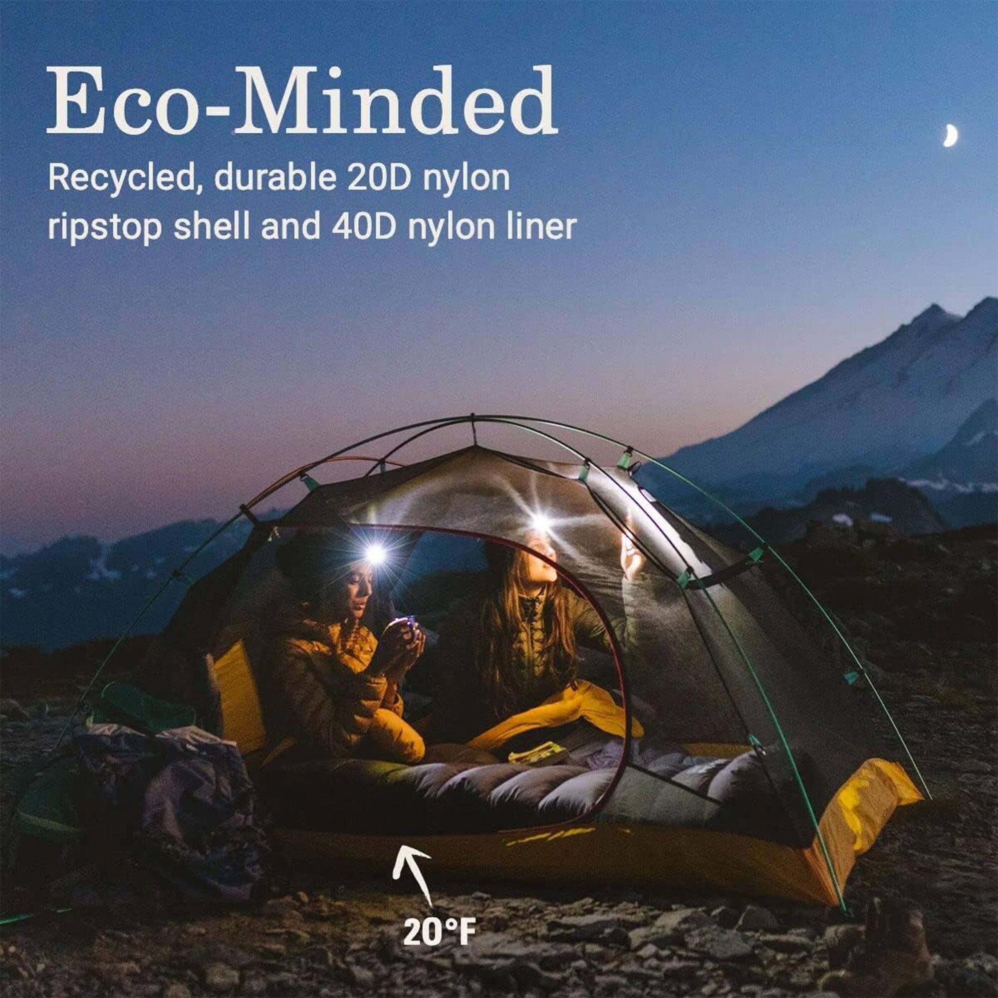 Eco-Minded  
Recycled, durable 20D nylon ripstop shell and 40D nylon liner  
20°F