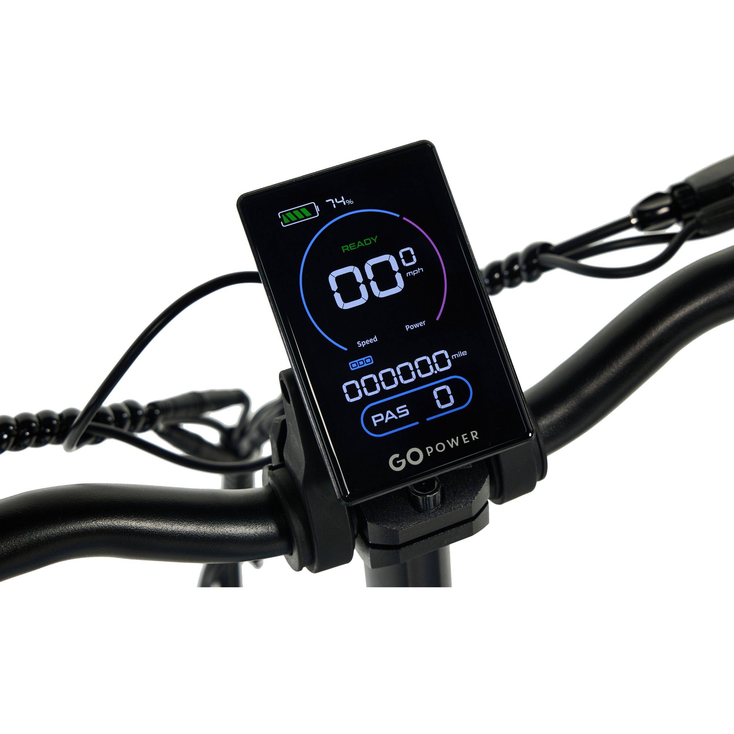 74% READY 0.0 mph Power Speed mile ODO 000000 PAS 0 GO POWER