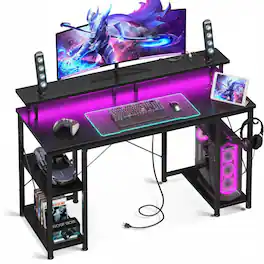 Anysun - 48" Gaming Desk with LED Lighting & Power Socket - Monitor Stand, App Control & Headphone Hook - Black