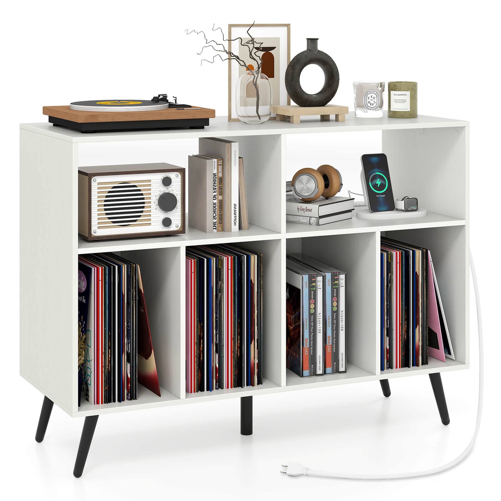 Costway - Large Record Player Stand Cabinet with Built-in Power Outlet Open Shelves - White