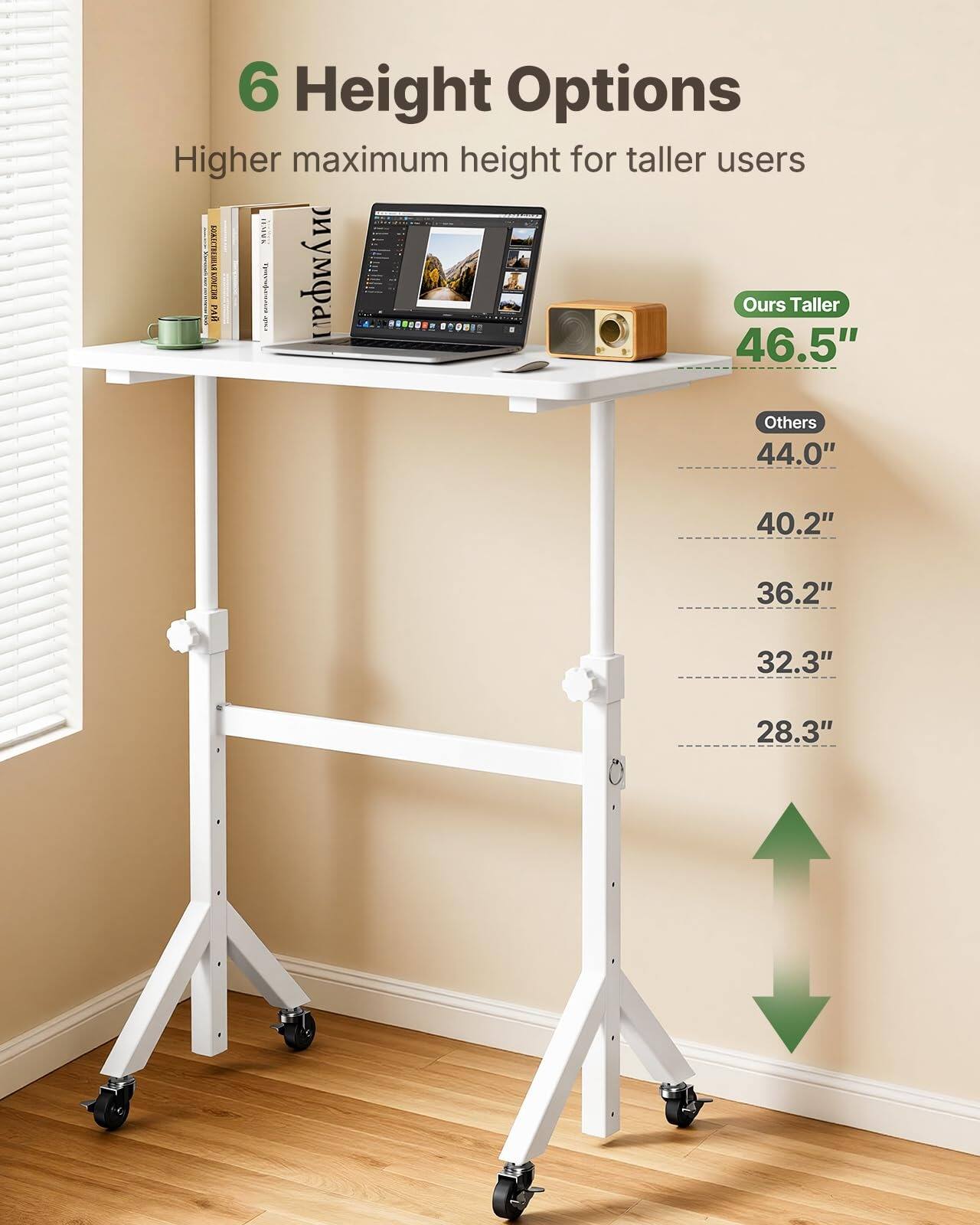 6 Height Options  
Higher maximum height for taller users  

Ours Taller  
46.5"  

Others  
44.0"  
40.2"  
36.2"  
32.3"  
28.3"