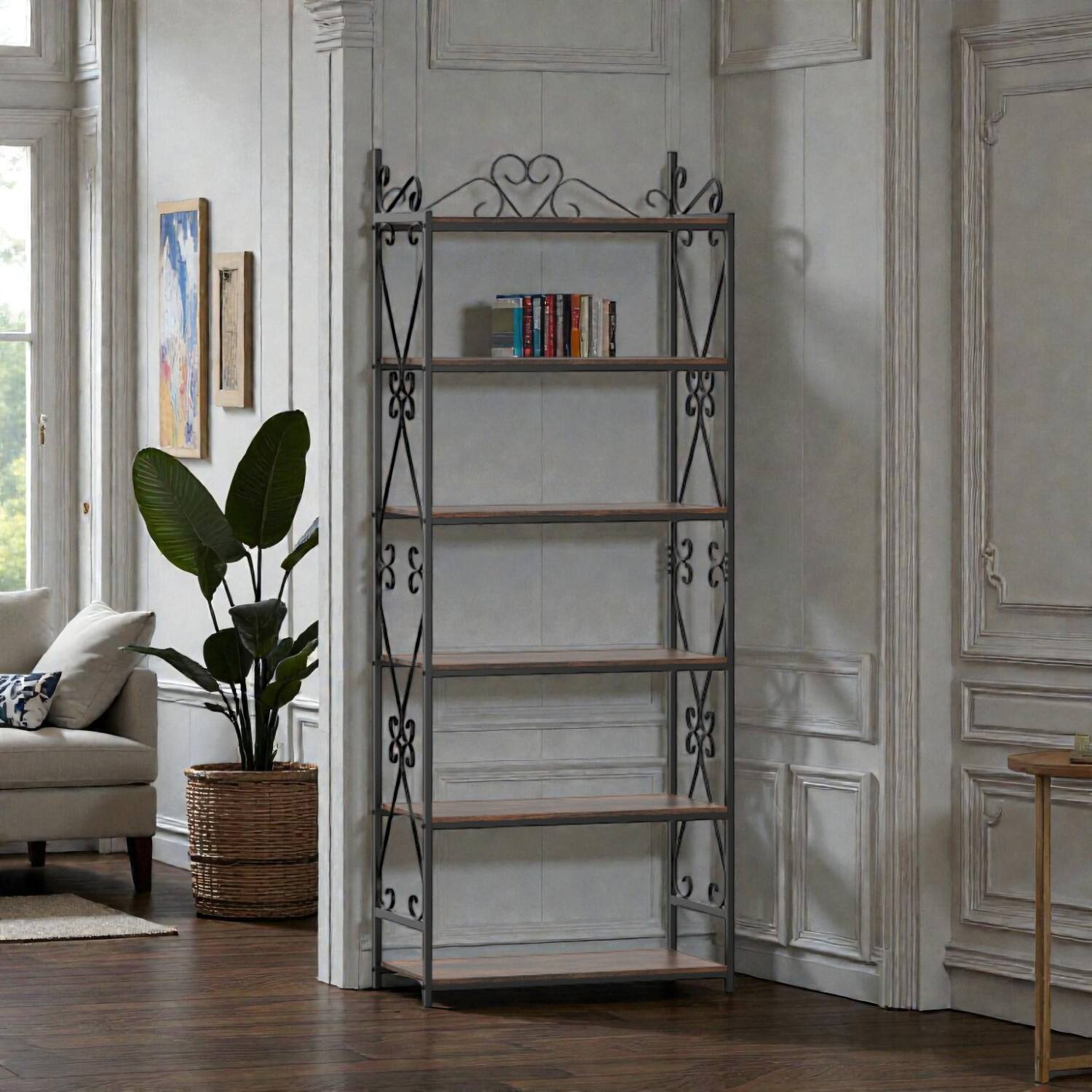 Front. Hivvago - Freestanding 6-Tier Storage Shelf with Metal Frame and Safety Stabilizers - Rustic Brown.