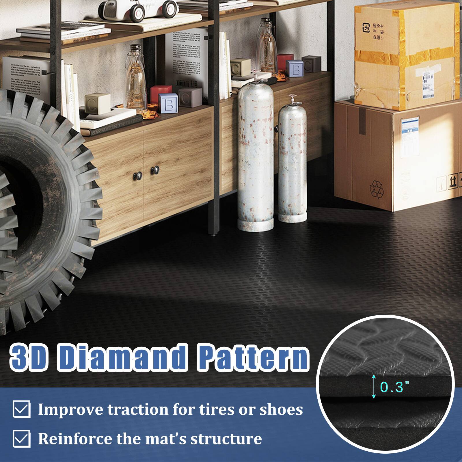 3D Diamond Pattern

- Improve traction for tires or shoes
- Reinforce the mat's structure

0.3"