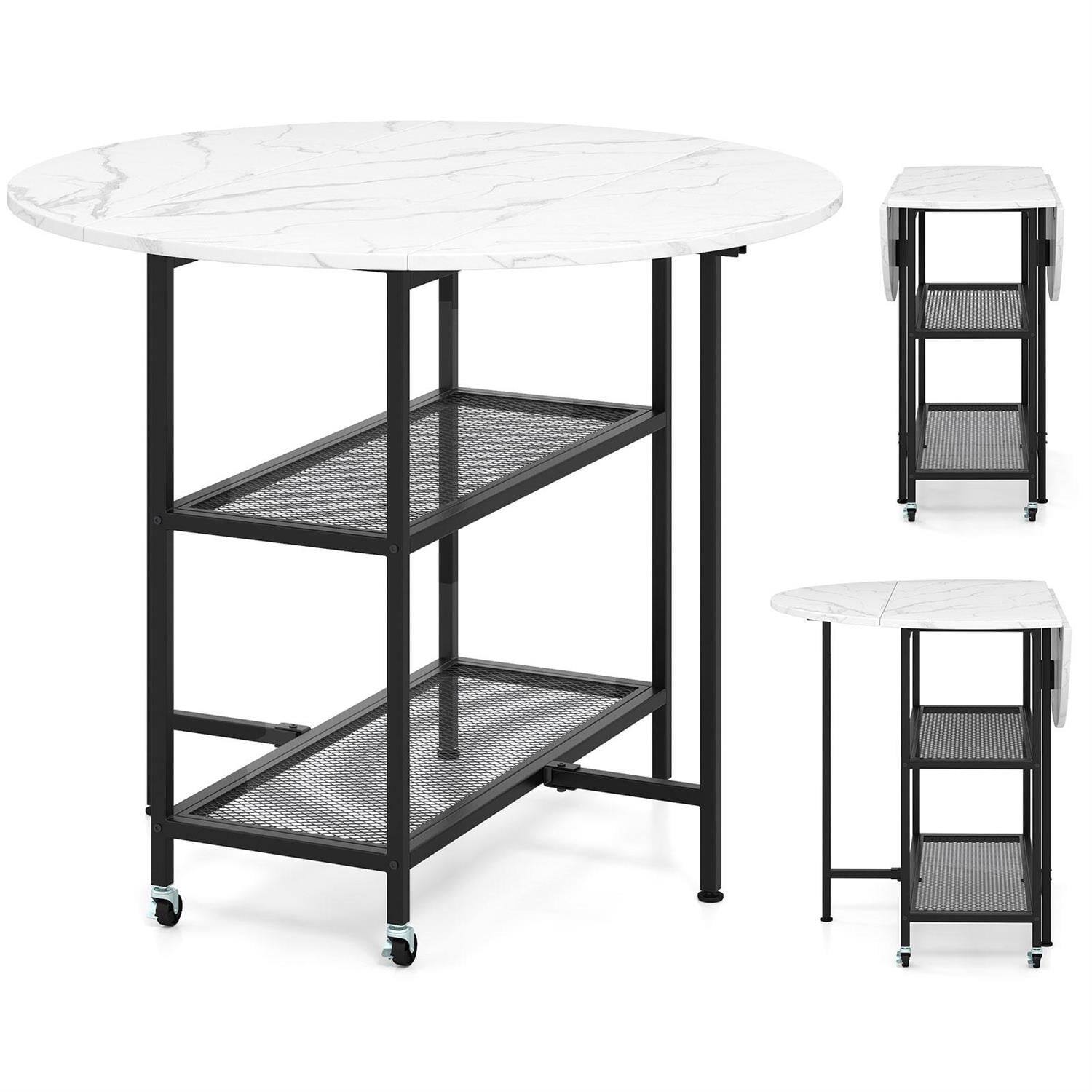 Angle. Pefilos - Folding Round Dining Table,Lockable Wheels 2 Drop-Leaf Panels,2 Storage Shelves,Waterproof,White - White.