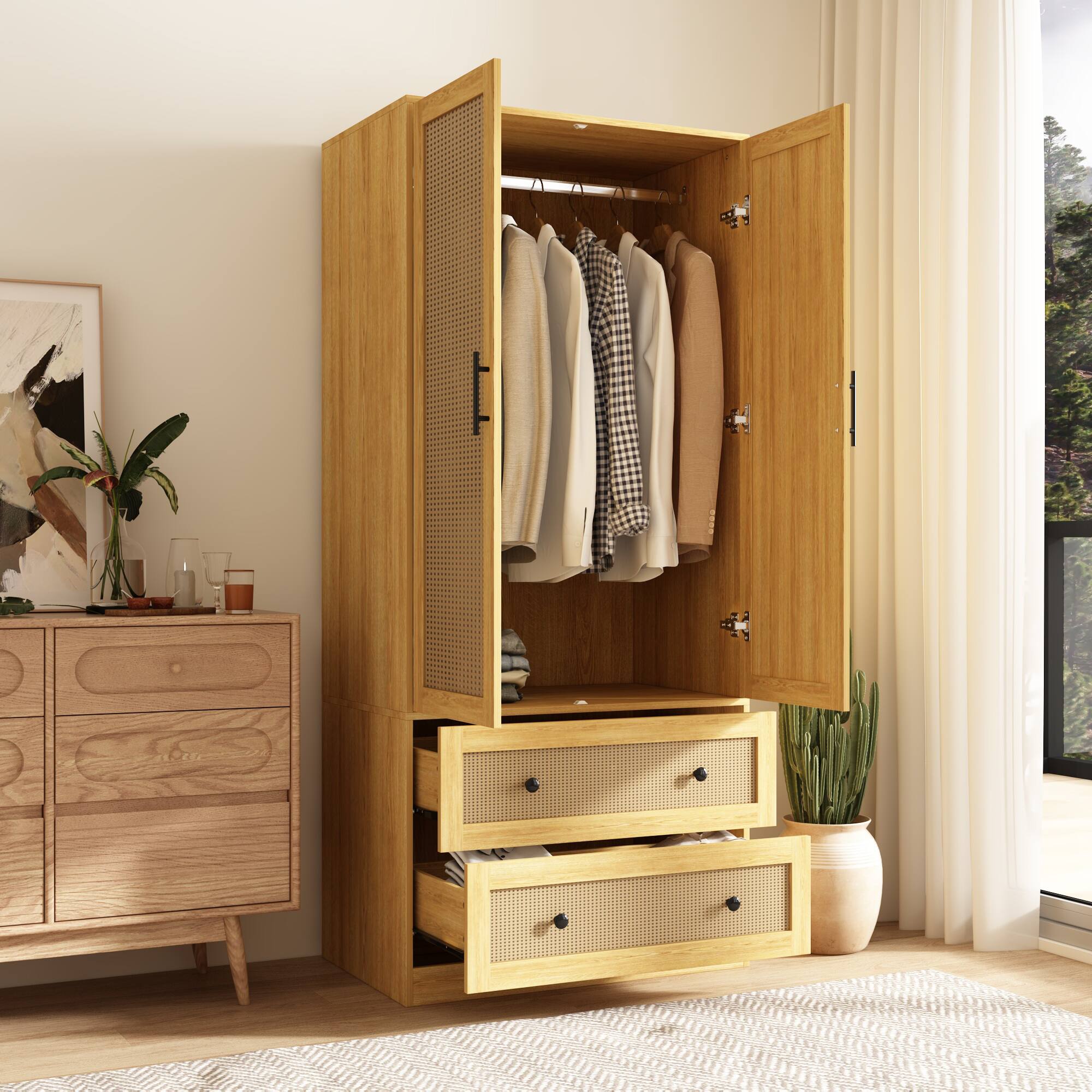 Famapy Rattan & Wood Grain Double Door Wardrobe – Natural Style