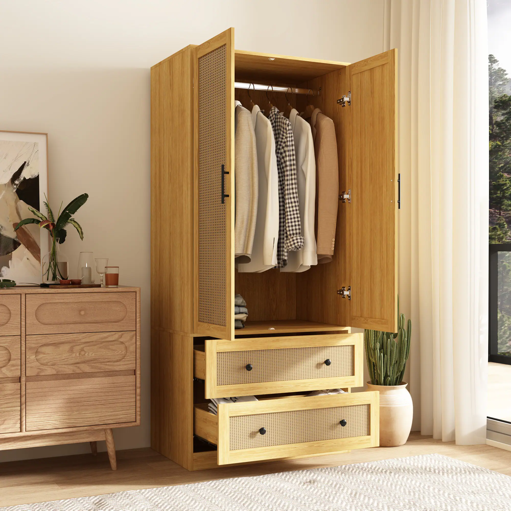 Back. Famapy - Rattan & Wood Grain Double Door Wardrobe – Natural Style Closet with Hanging Rods, Drawers & Silent Rails - Wooden.