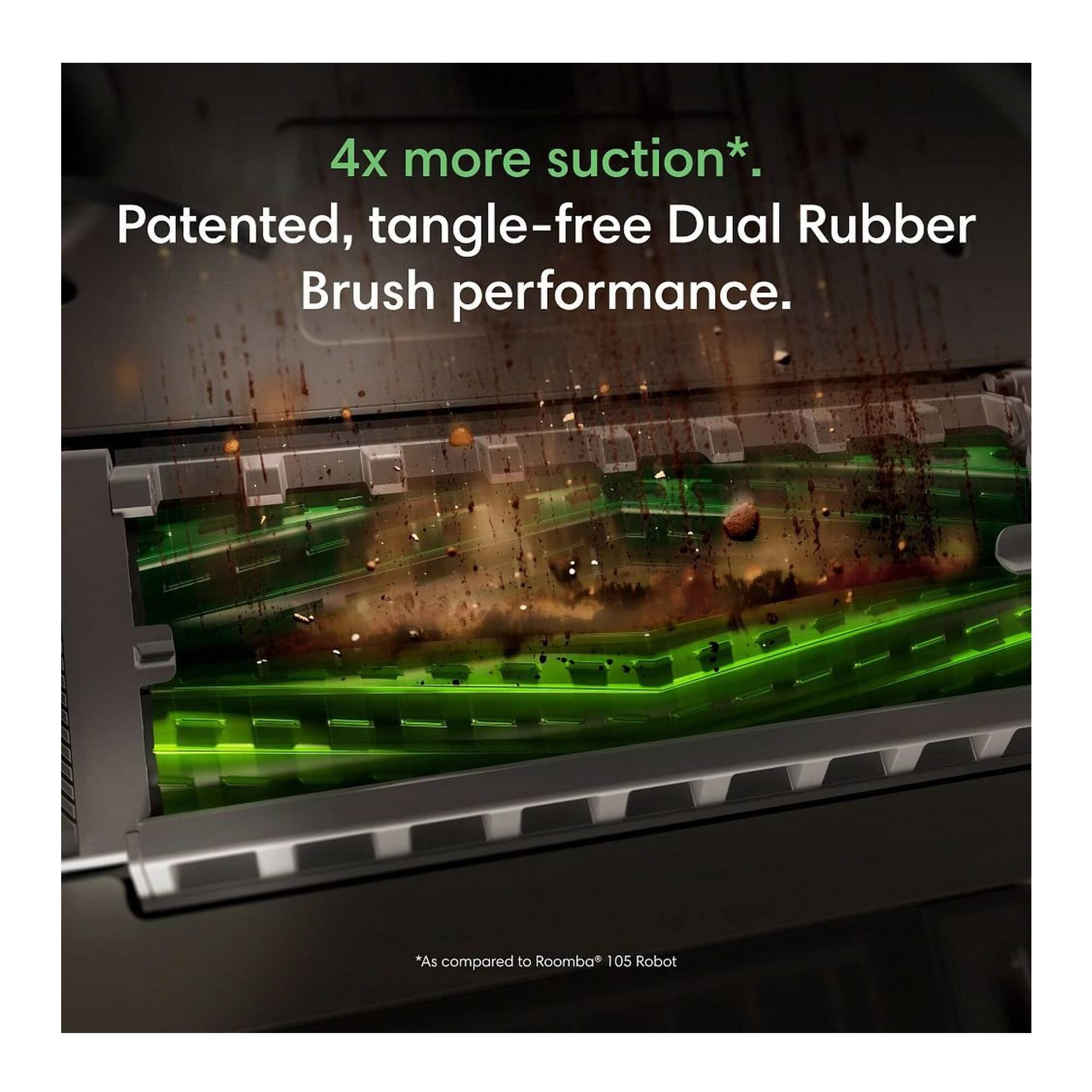4x more suction*.  
Patented, tangle-free Dual Rubber Brush performance.  
*As compared to Roomba 105 Robot