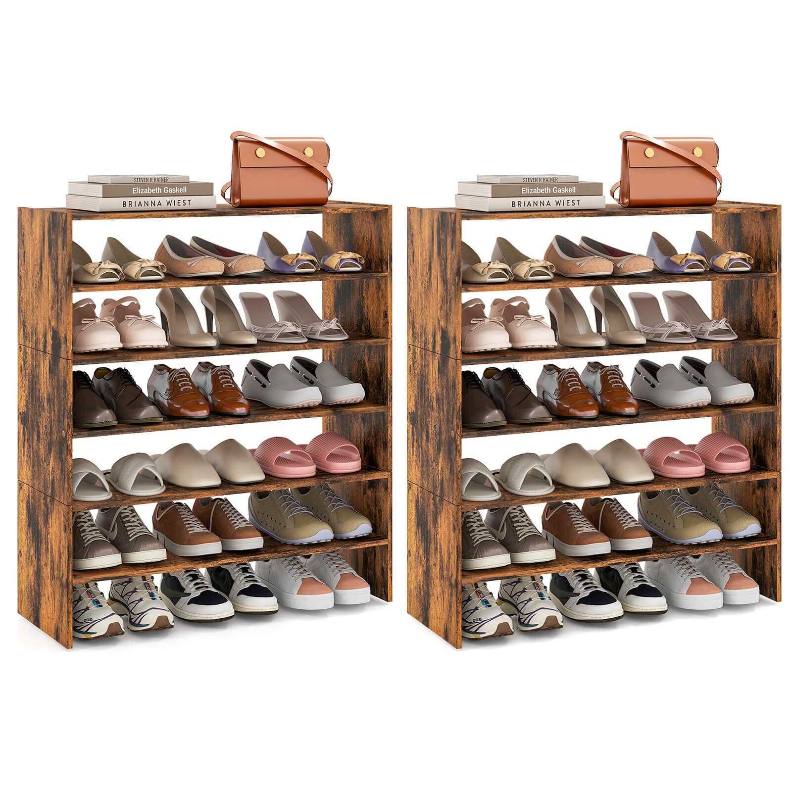 Costway - 6 PCS Stackable Shoe Rack 31-Inch Horizontal Organizer 2-tier StorageShelf - Rustic Brown price history on PriceWatchPro