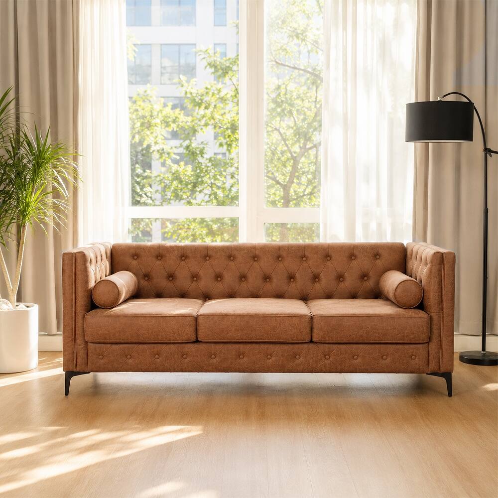Alt View 8. Loheer - Loheer 78.5-Inch Brown Faux Leather Sofa, Mid-Century Modern 3-Seater Couch with Button Tufted Deep Seat - Brown.