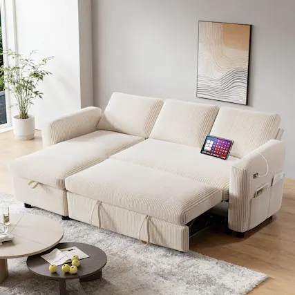 Front. Vipbear - 81" L Shaped Corduroy Sleeper Sofa Bed with Pull Out Bed Reclining Backrest,Storage Chaise,USB Ports,Tool-Free Assembly - Beige.