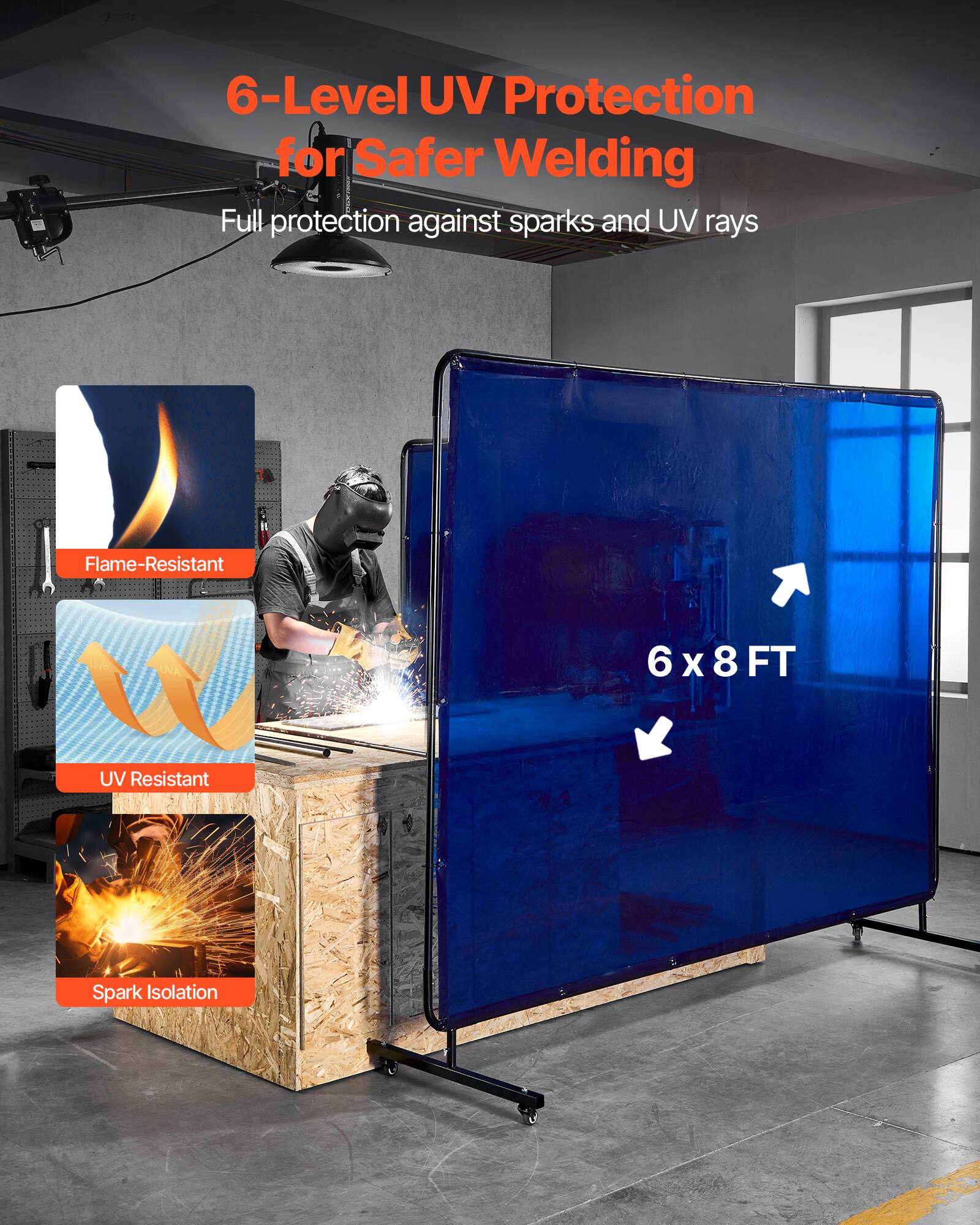 6-Level UV Protection for Safer Welding  
Full protection against sparks and UV rays  

Flame-Resistant  
UV Resistant  
Spark Isolation  

6x8FT