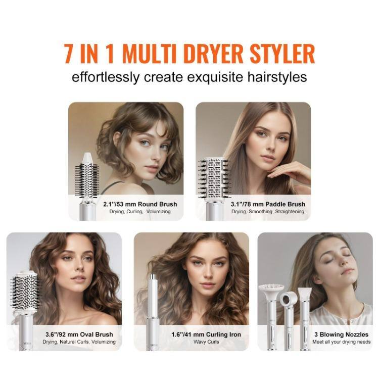 7 IN 1 MULTI DRYER STYLER  
effortlessly create exquisite hairstyles

- 2.10"/53 mm Round Brush  
  Drying, Curling, Volumizing

- 3.1"/78 mm Paddle Brush  
  Drying, Smoothing, Straightening

- 3.6"/92 mm Oval Brush  
  Drying, Natural Curls, Volumizing

- 1.6"/41 mm Curling Iron  
  Wavy Curls

- 3 Blowing Nozzles  
  Meet all your drying needs