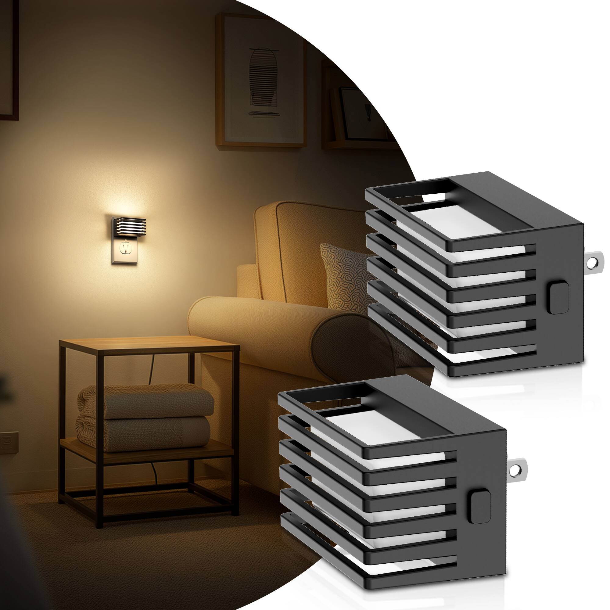 Angle. Jandcase - JANDCASE 2-Pack 1W  Plug-in Night Light, 3000K Warm Glow, Up/Down Light, 3-Step Dimming, Color Memory, Dusk-to-Dawn - Black.