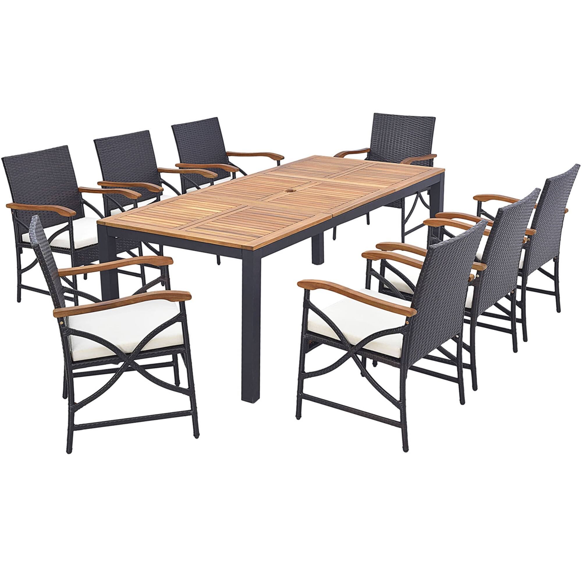 Gymax - Set of 9 Outdoor Dining Table w/ Acacia Wood Table & Cushions 1.9'' Umbrella Hole - Mix Brown, Off White price history on PriceWatchPro