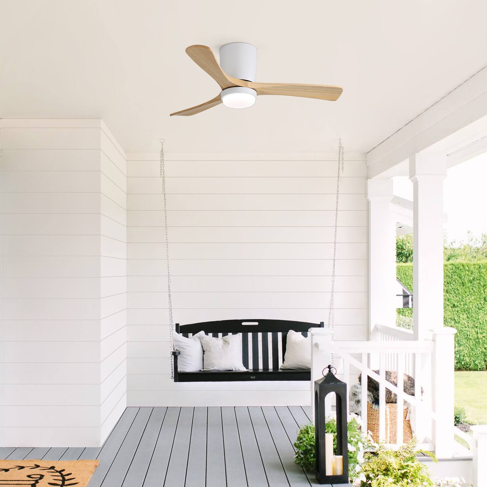 Alt View 5. Sofucor - 42'' Modern Hugger Ceiling Fan with Lights and Remote Control Wood Flush Mount Quiet DC Motor Ceiling Fan Indoor Outdoor - White Burley Wood.