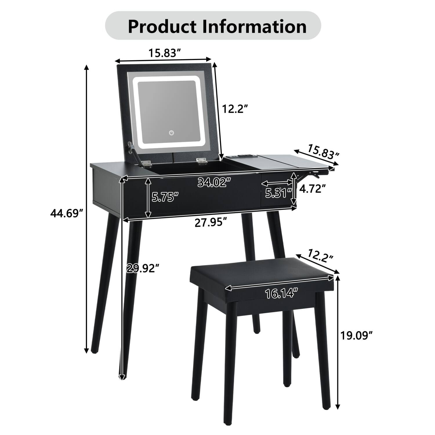 Product Information

- Width: 15.83"
- Depth: 12.2"
- Height: 44.69"
- Width (Table): 15.83"
- Depth (Table): 5.75"
- Height (Table): 27.95"
- Width (Chair): 16.14"
- Depth (Chair): 12.2"
- Height (Chair): 19.09"
- Width (Monitor): 15.83"
- Depth (Monitor): 4.72"
- Height (Monitor): 5.31"
- Width (Monitor Base): 3.402"
- Depth (Monitor Base): 5.31"