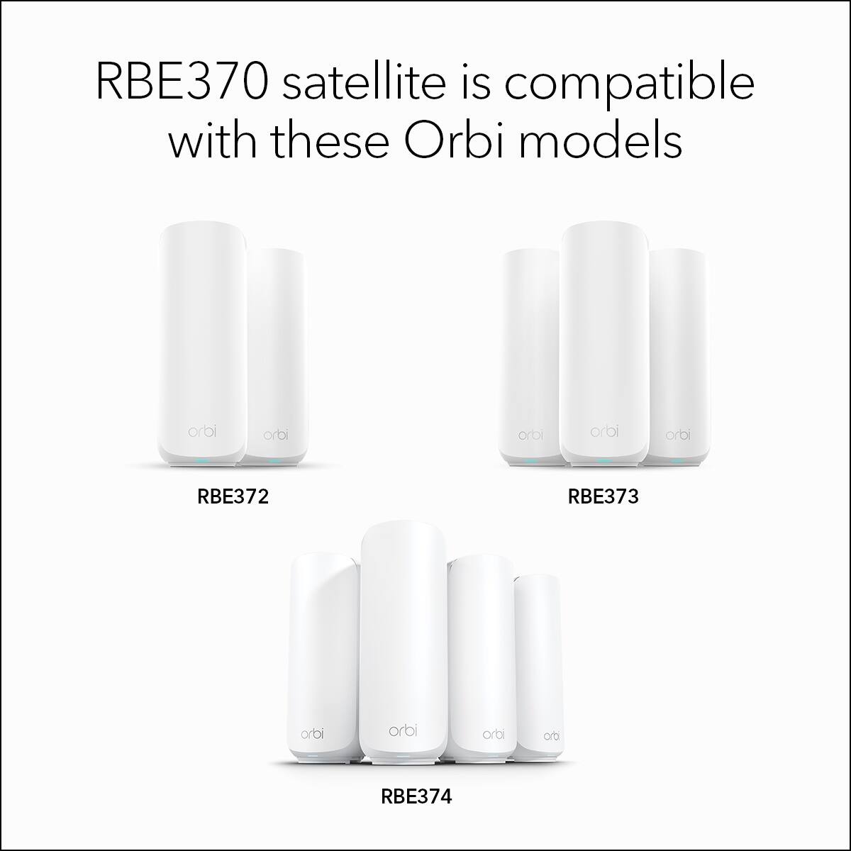 RBE370 satellite is compatible with these Orbi models:

- RBE372
- RBE373
- RBE374