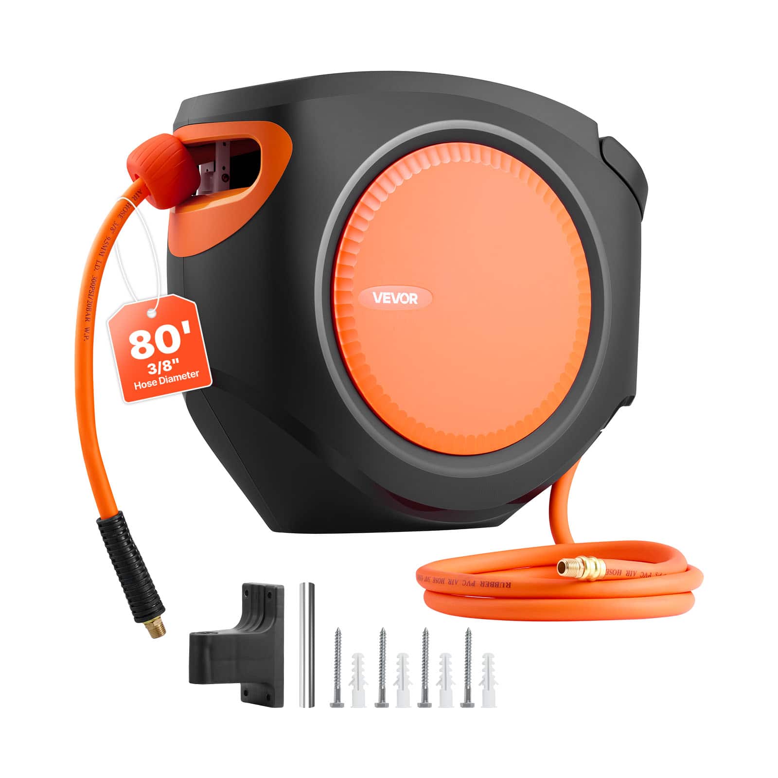 VEVOR - Retractable Air Hose Reel, 3/8 Inch x 80 FT Hybrid Air Hose Max 300PSI, Enclosed Air-Compressor Hoses Reel Auto Rewind - Orange + Black