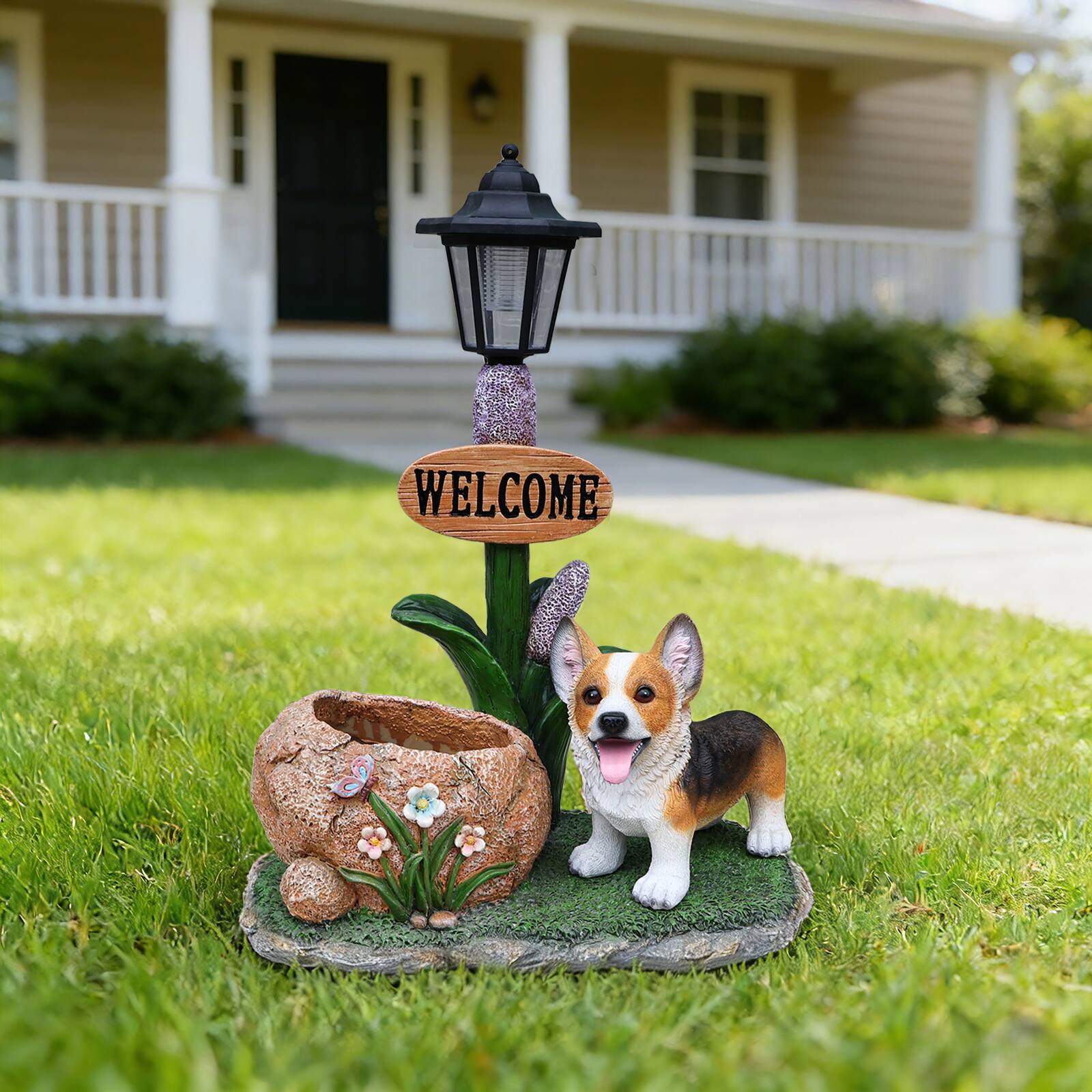 Left. Anysun - Corgi Dog Planter Garden Decor – Adorable Corgi Statue with Built‑In Flower Pot for Succulents or Herbs, Indoor/Outdoor - Brown.