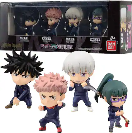 Sure, here is the corrected and grouped text from the image:
**Top Left:**
- Megumi Peshigun
- Jujteu Kansen
**Top Center:**
- Itadon Loge
- Inumat Mal Zenie
**Top Right:**
- 4P
- CADVERGE
- SEADES SECODE SERIE 1
- 8+
- MO BAN DAI
**Bottom Left:**
- Jujteu Kansen
**Bottom Center:**
- Jujteu Kansen
- 8+
- BAN DAI
**Bottom Right:**
- Jujteu Kansen
- 8+
- BAN DAI