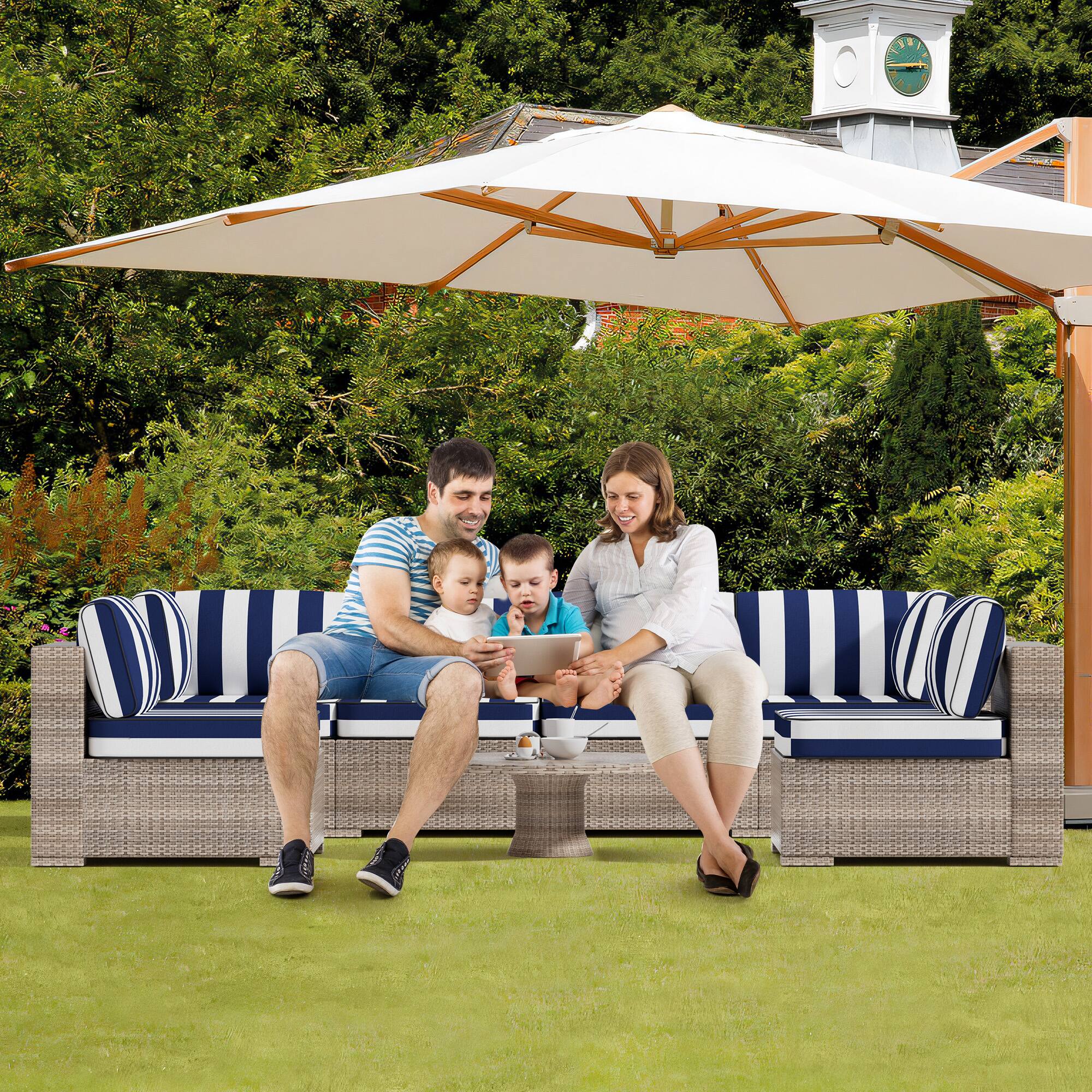 Back. RYHNUYNE - 14-Piece Outdoor Patio Sofa Cushions, Blue and White Stripes Seat Cushion, Water-Resistant Patio Furniture Cushion - Blue and white stripes.