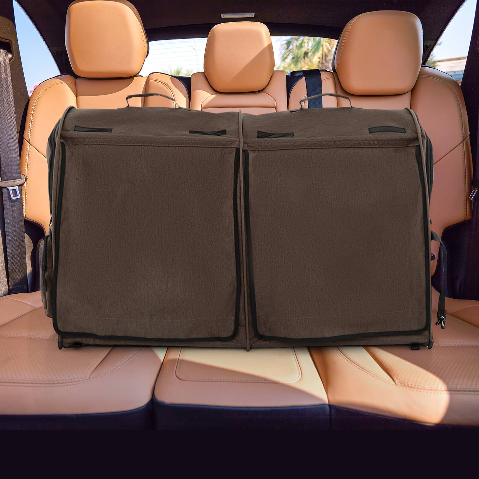 Left. Costway - Portable Pet Carrier Kennel Cat Dog Crate Twin Compartments w/ Mats Litter Box - Brown.