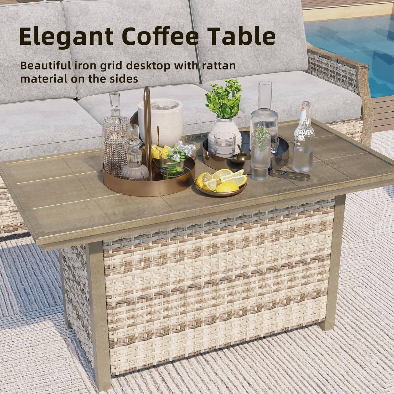 Elegant Coffee Table

Beautiful iron grid desktop with rattan material on the sides