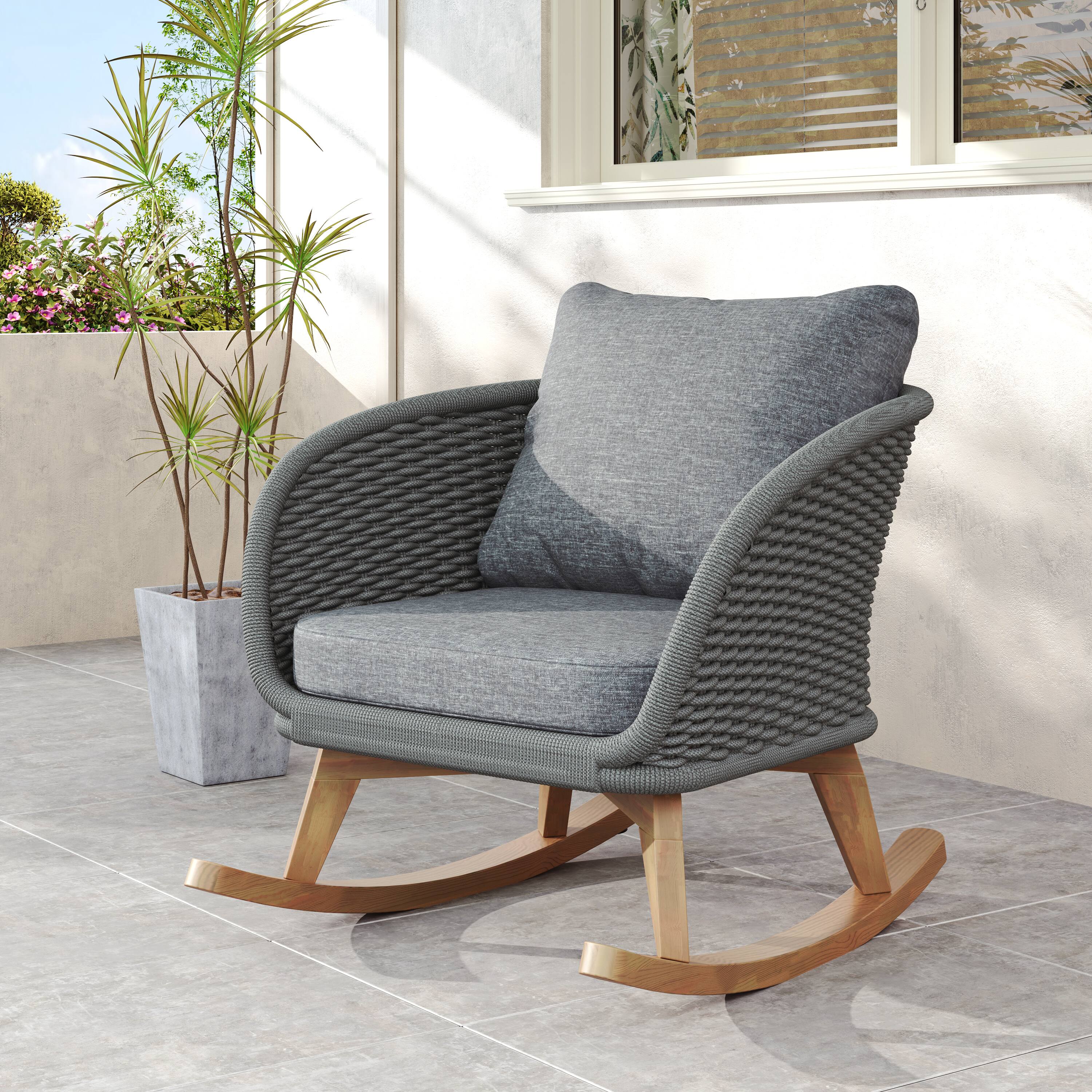 Front. Tiramisubest - Contemporary Minimalist Wicker Rocking Chair with Cushions and Wooden Frame for Indoor and Outdoor Spaces,Gray+Natural - Gray,Natural.