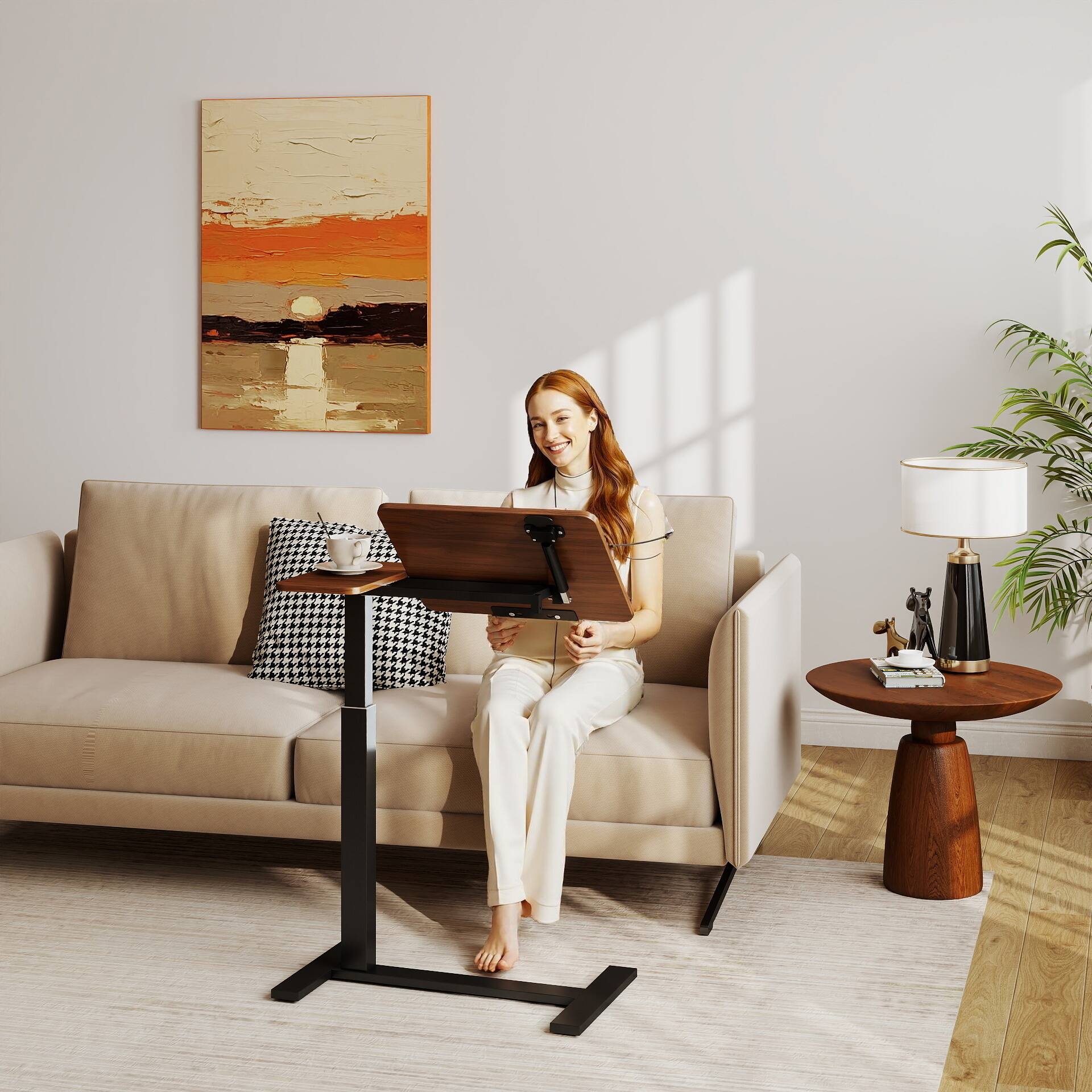 Alt View 2. Loheer - Loheer Mobile Standing Desk Adjustable Rolling Laptop Table Overbed Bedside Desk Walnut - Brown+Black.