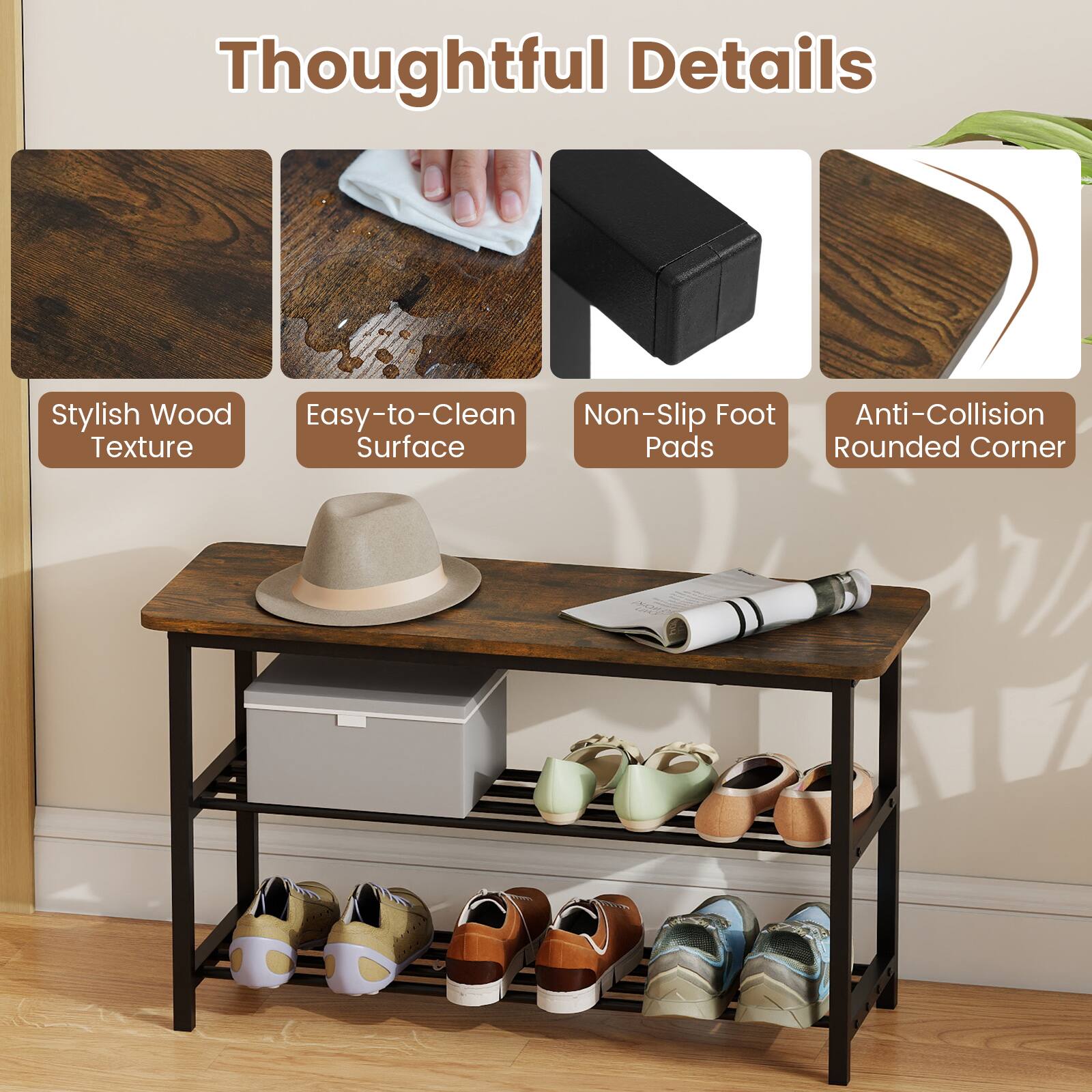 Thoughtful Details

- Stylish Wood Texture
- Easy-to-Clean Surface
- Non-Slip Foot Pads
- Anti-Collision Rounded Corner