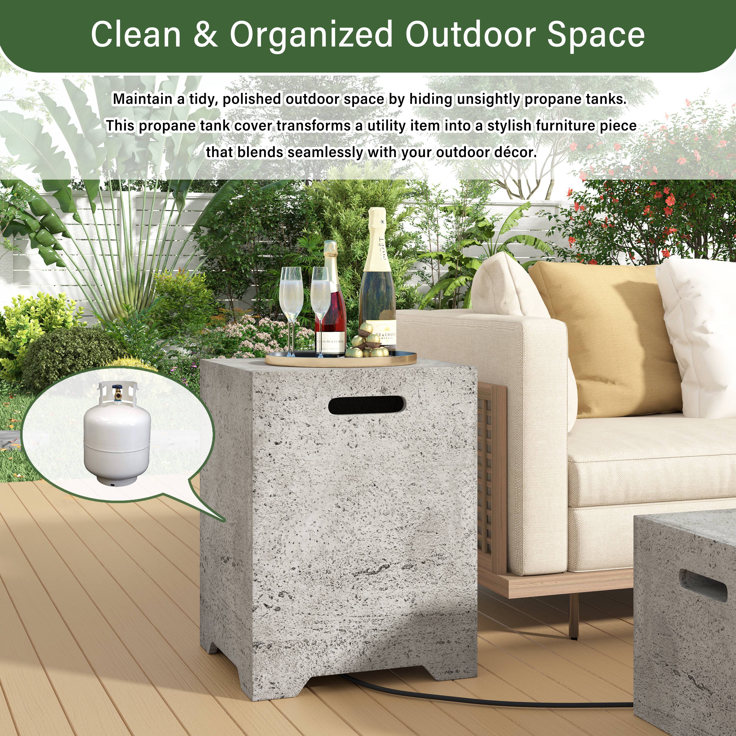 Clean & Organized Outdoor Space

Maintain a tidy, polished outdoor space by hiding unsightly propane tanks. This propane tank cover transforms a utility item into a stylish furniture piece that blends seamlessly with your outdoor décor.