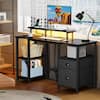 Front. Furnulem - Computer Desk with Charging Station Gaming Desk LED Lights File Cabinet Monitor Stand Storage Shelves Home Office - Black.