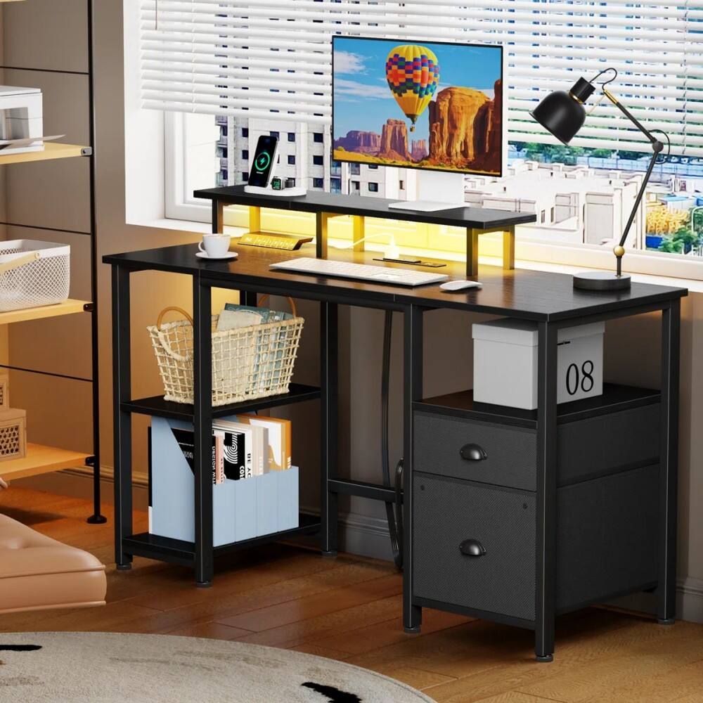 Front. Furnulem - Computer Desk With Led Lights And Power Outlets Gaming Desk With Monitor StandHome Office Writing Desk With Storage - Black.