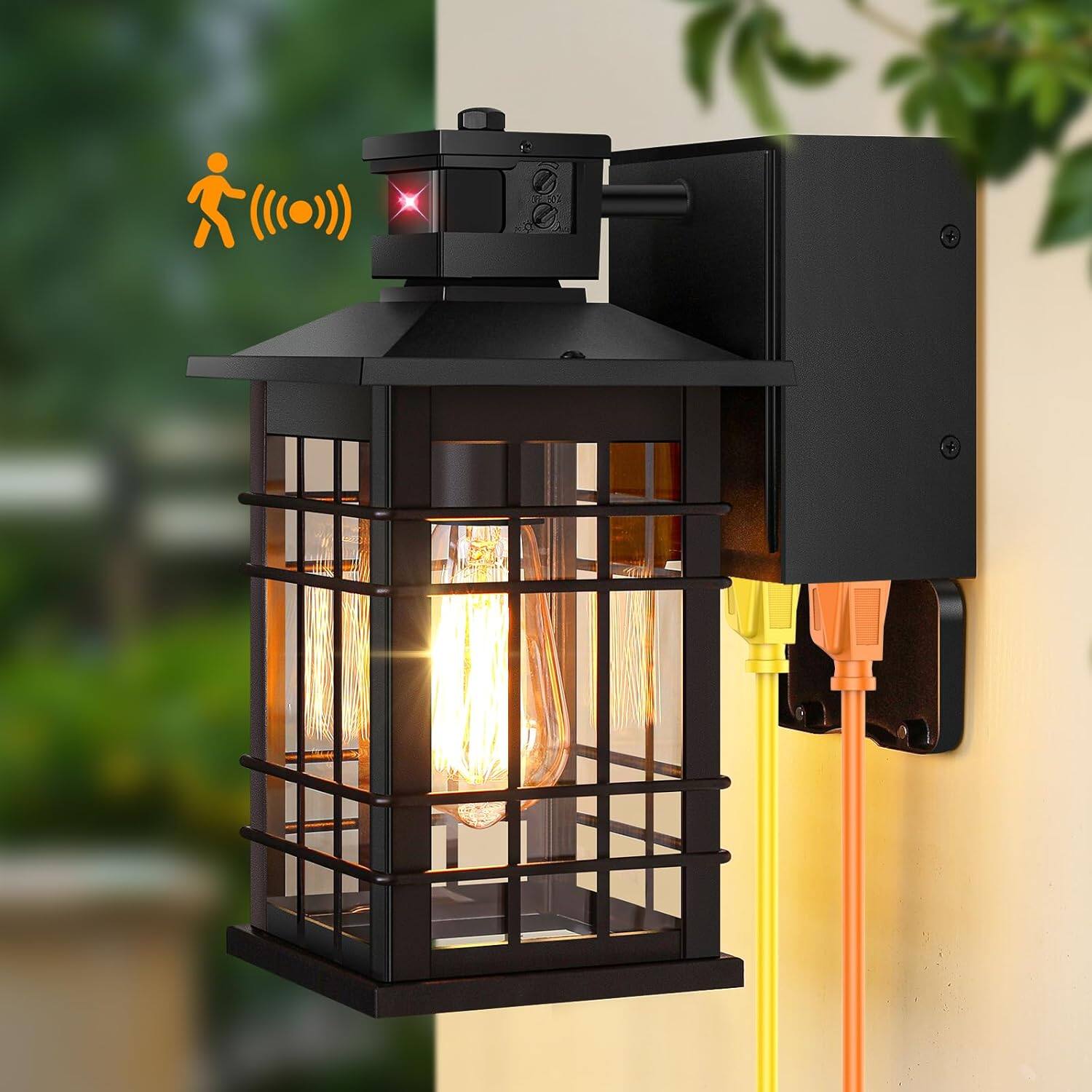 Front. Nordic Hygge - Motion Sensor Porch Light with GFCI Outlets, 11.4'' Dusk to Dawn Outdoor Wall Light Black - Black.