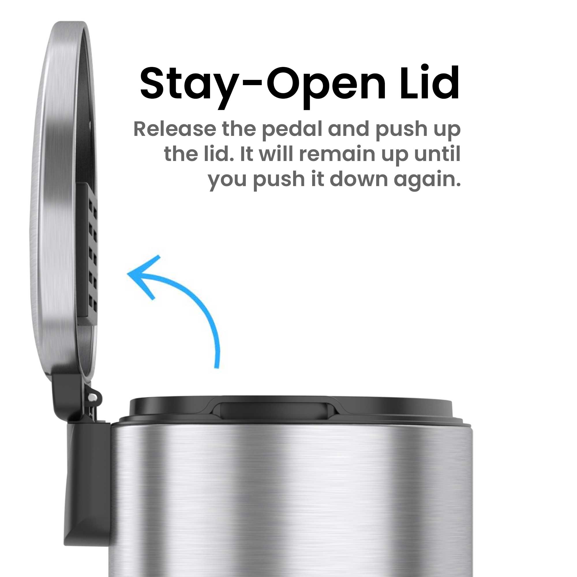 Stay-Open Lid

Release the pedal and push up the lid. It will remain up until you push it down again.