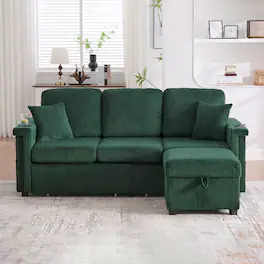 Trinkets Crazed - 76" L Shaped Sectional Couches with Storage Ottoman, 3 Seater Corduroy Sofa with 2 Drawers - Emerald