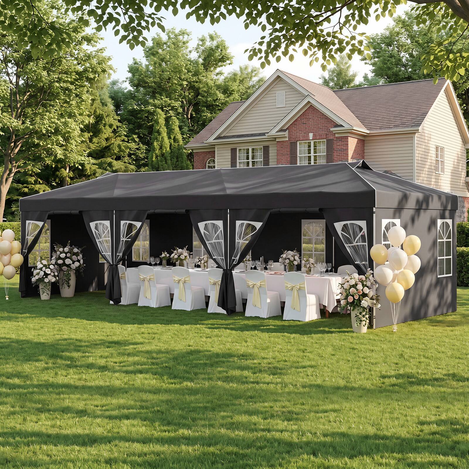 Alt View 1. Costway - Costway 10 x 30 FT Pop Up Canopy Tent with 8 Sidewalls Adjustable Height Reflective Strips - Black.