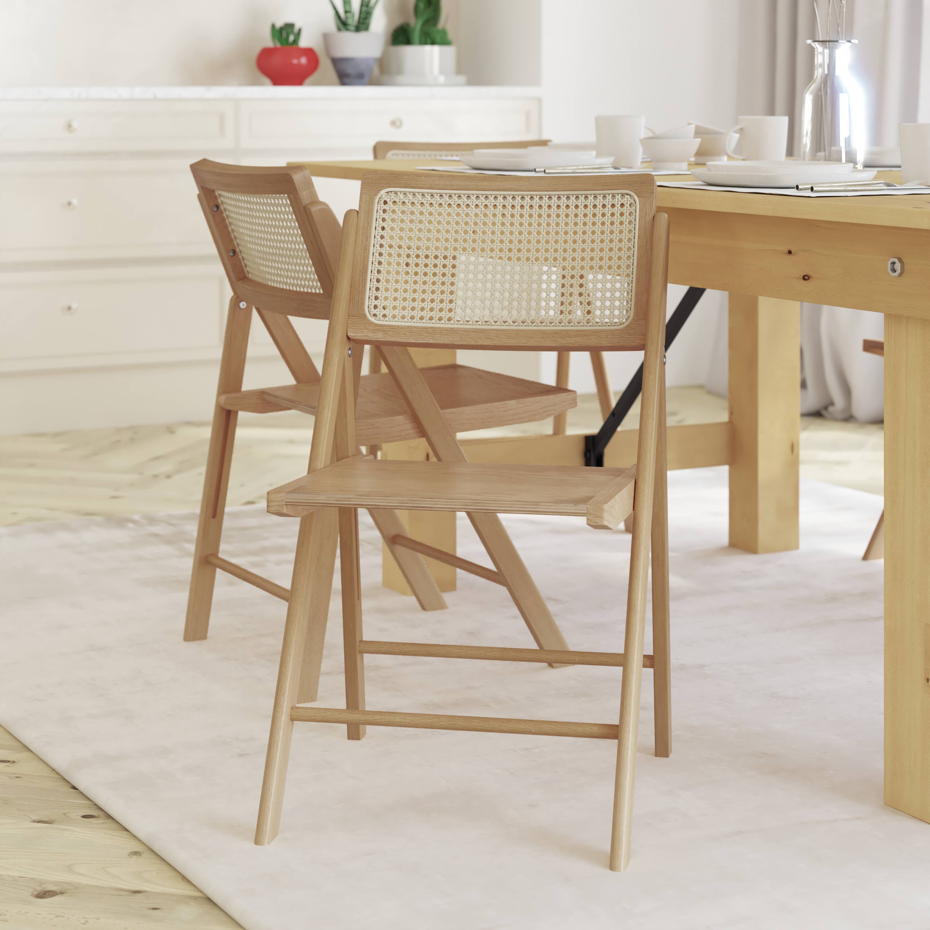 Alt View 2. Emma + Oliver - Thomas Set of 2 Cane Rattan Folding Chairs with Solid Wood Frames and Seats and Breathable Woven Rattan Backrest - Natural.